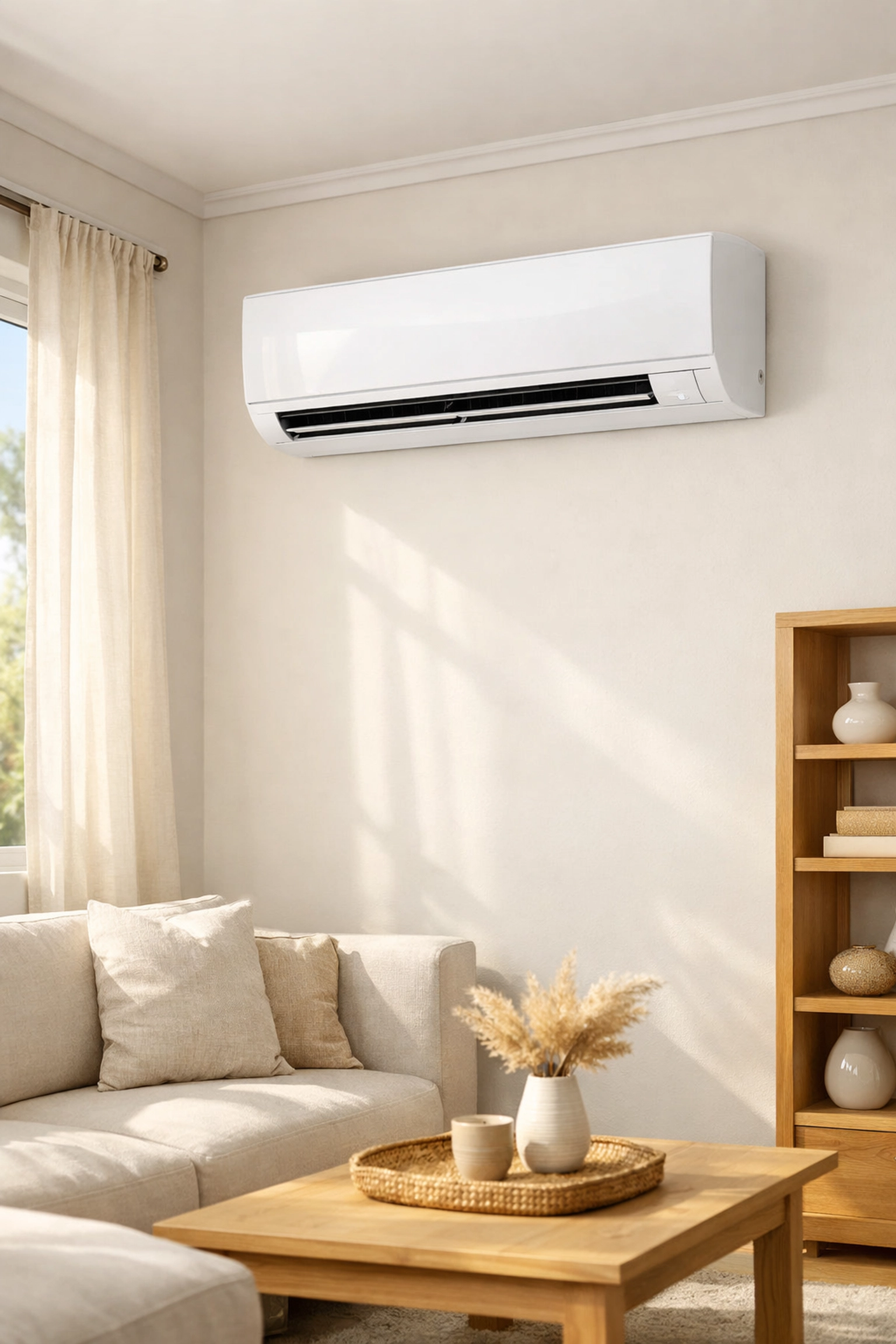 Modern indoor ductless mini-split unit installed in a bright, minimalist living room with natural light.
