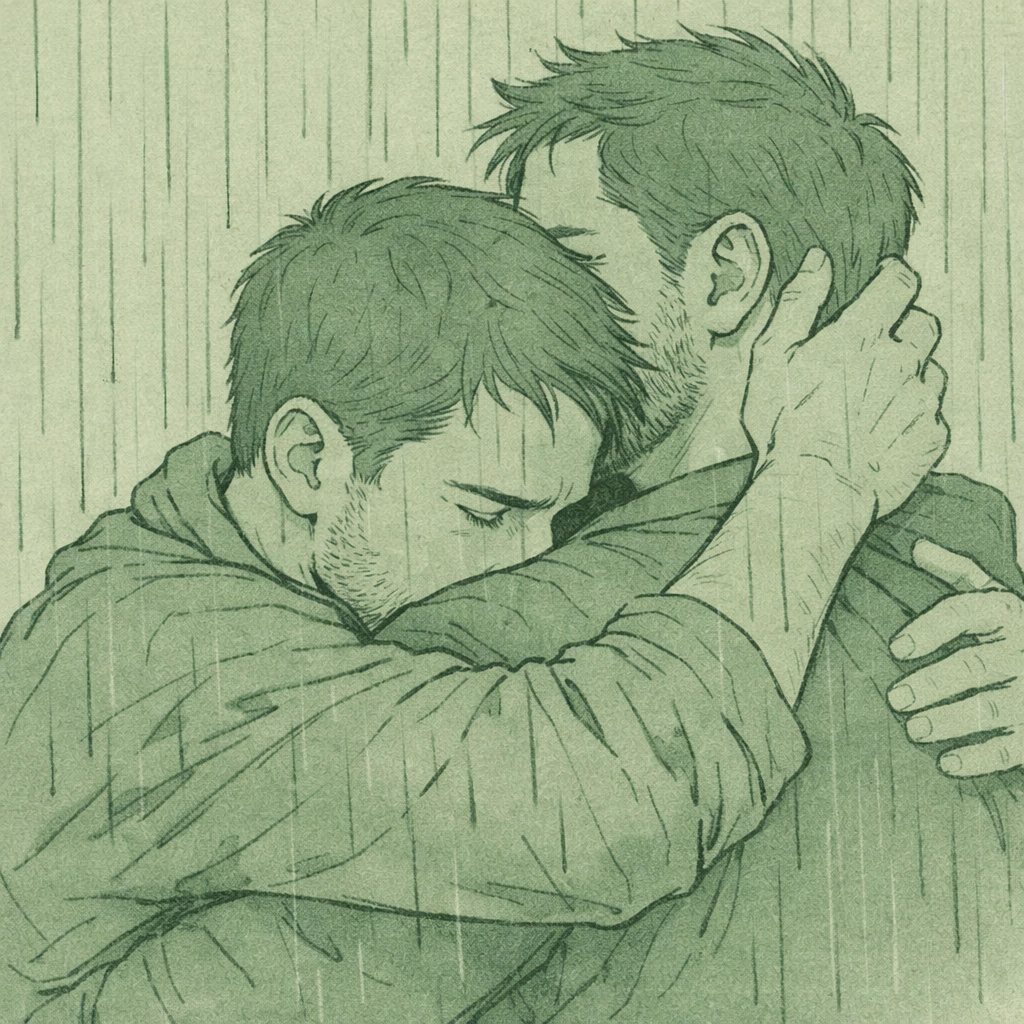 Emotional embrace between two men in a storm, showing the intense emotional connection in male-male relationships.