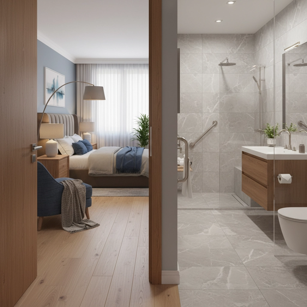 Cozy bedroom with blue-gray walls, a bed with blue accents, plants, and a lamp. Adjacent modern bathroom with gray tiles. Calm atmosphere.