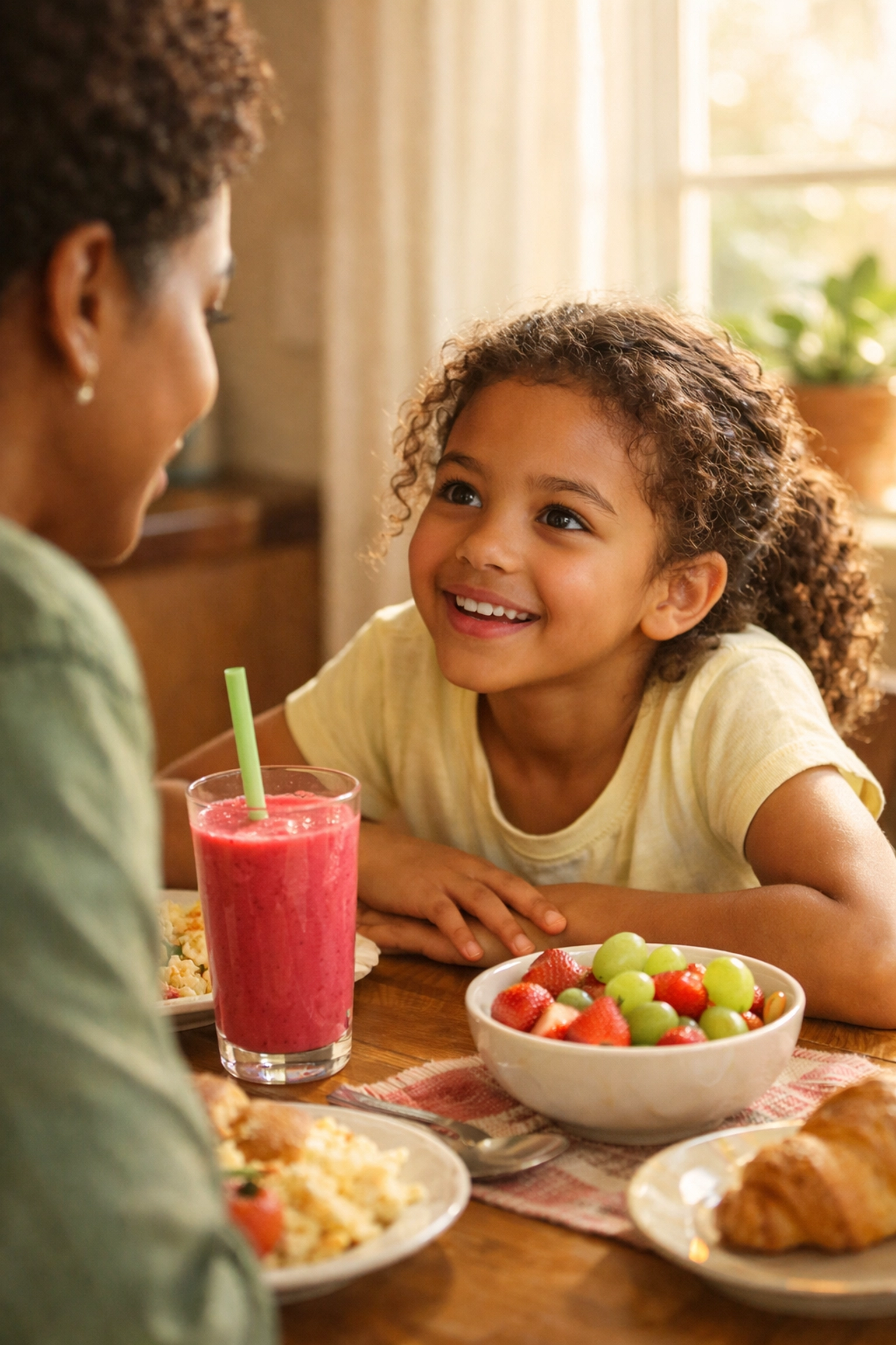 Ouder en kind in gesprek aan ontbijttafel over nieuwsgierige vragen