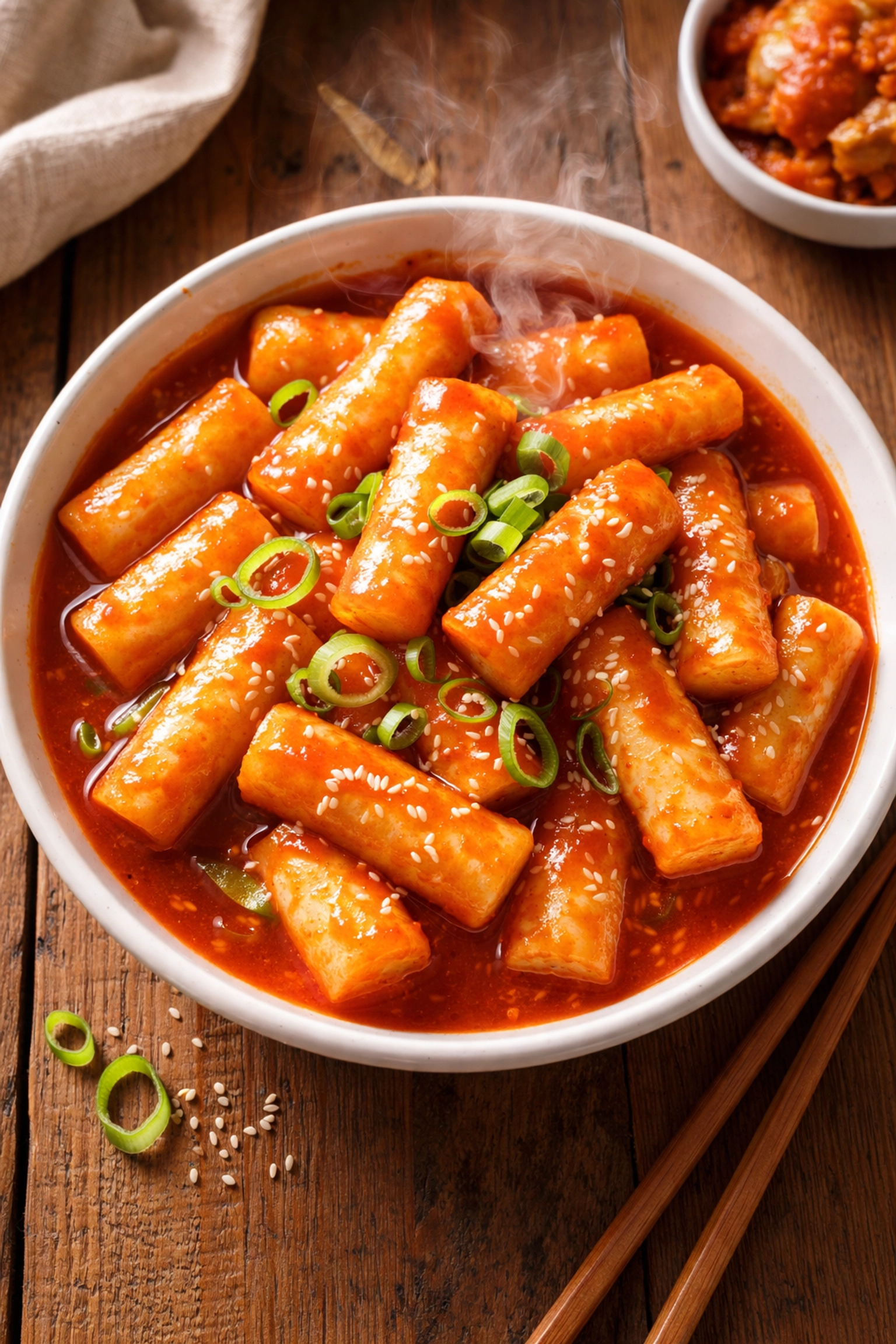 Steaming bowl of tteokbokki with chewy rice cakes in spicy red sauce, Korean street food style