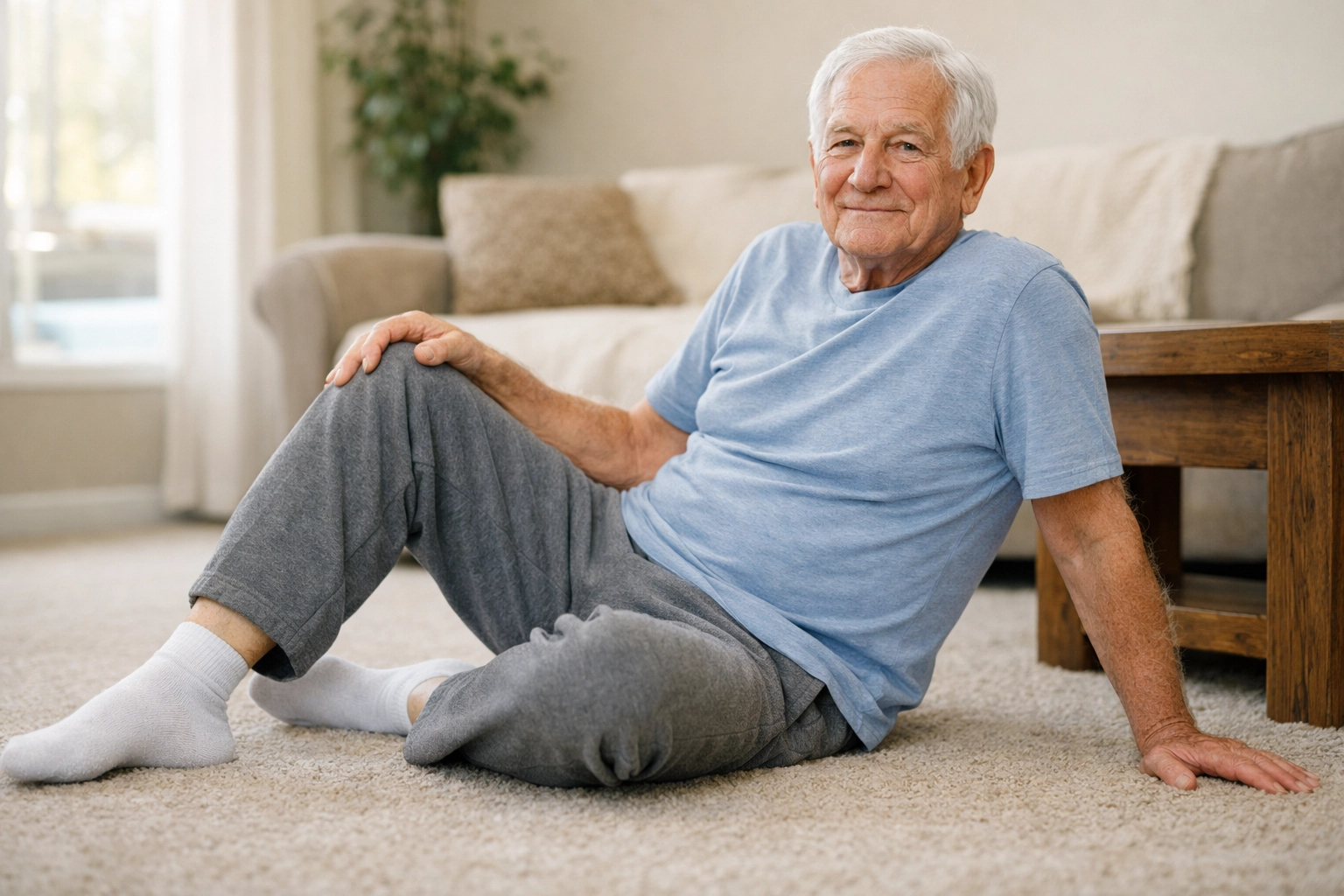 Senior man demonstrating side-sitting position during fall recovery practice