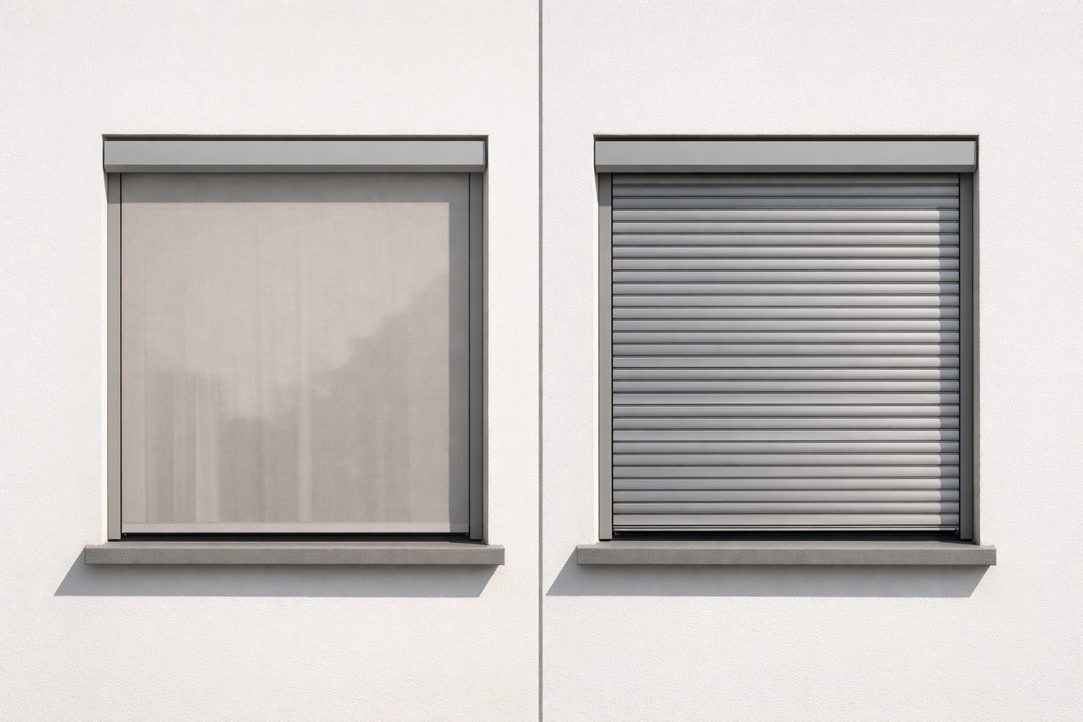 Vergleich zwischen transparentem Zip Screen und blickdichtem Rollladen an einer modernen Fassade.