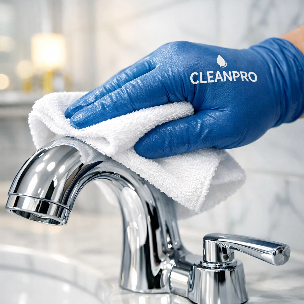 Professional cleaner in blue gloves polishing a chrome faucet in a luxury Massachusetts bathroom.