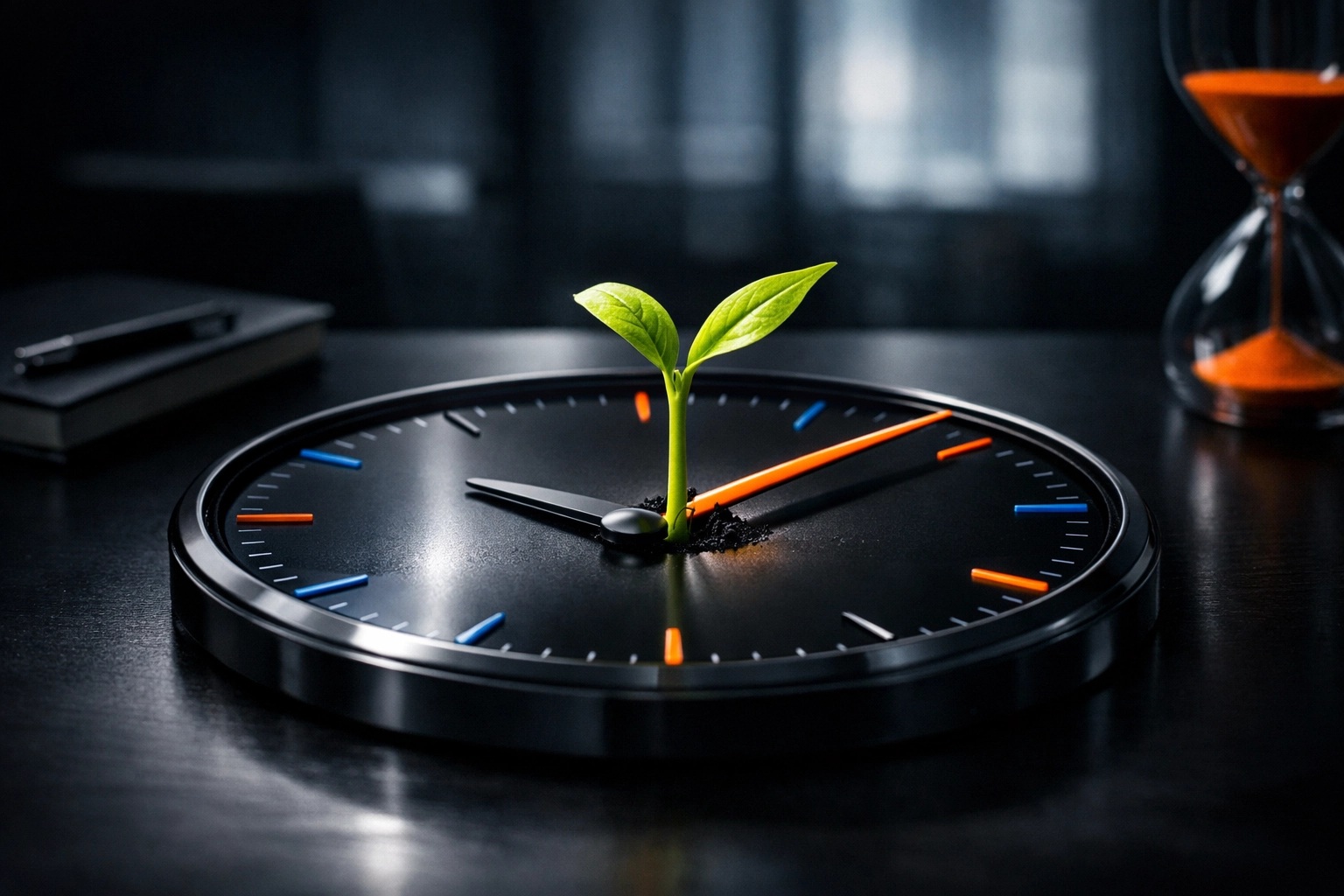 A clean, professional conceptual image showing a seed sprout emerging through a sleek clock face in a modern office setting, symbolizing business growth and reclaimed time with blue and orange brand accents.