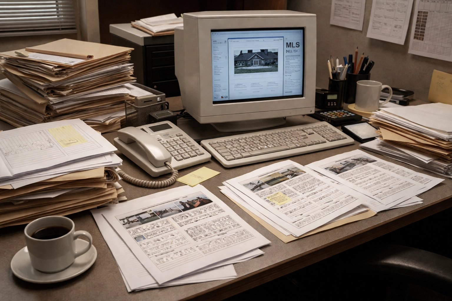 Cluttered traditional real estate office desk showing outdated paper-based home selling methods