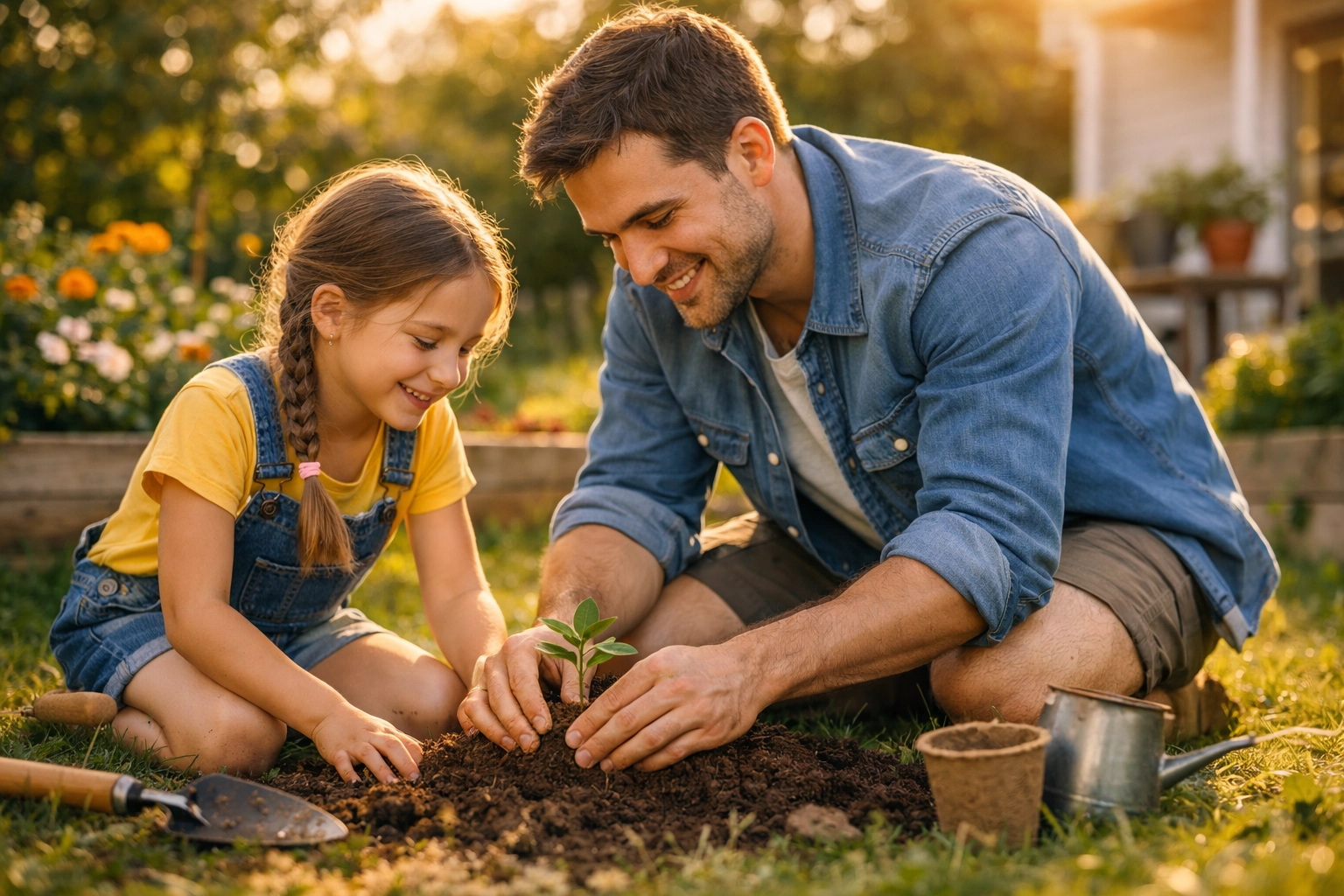 A father and daughter planting a seedling, demonstrating biblical love through action and patience.