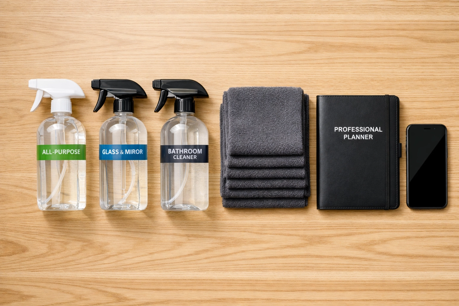 Organized cleaning supplies and a smartphone ready for new cleaning subcontractor opportunities.