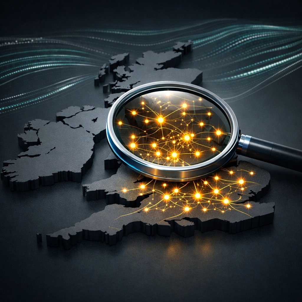 A magnifying glass over a map of the UK highlighting specialist mortgage lenders for overseas buyers.