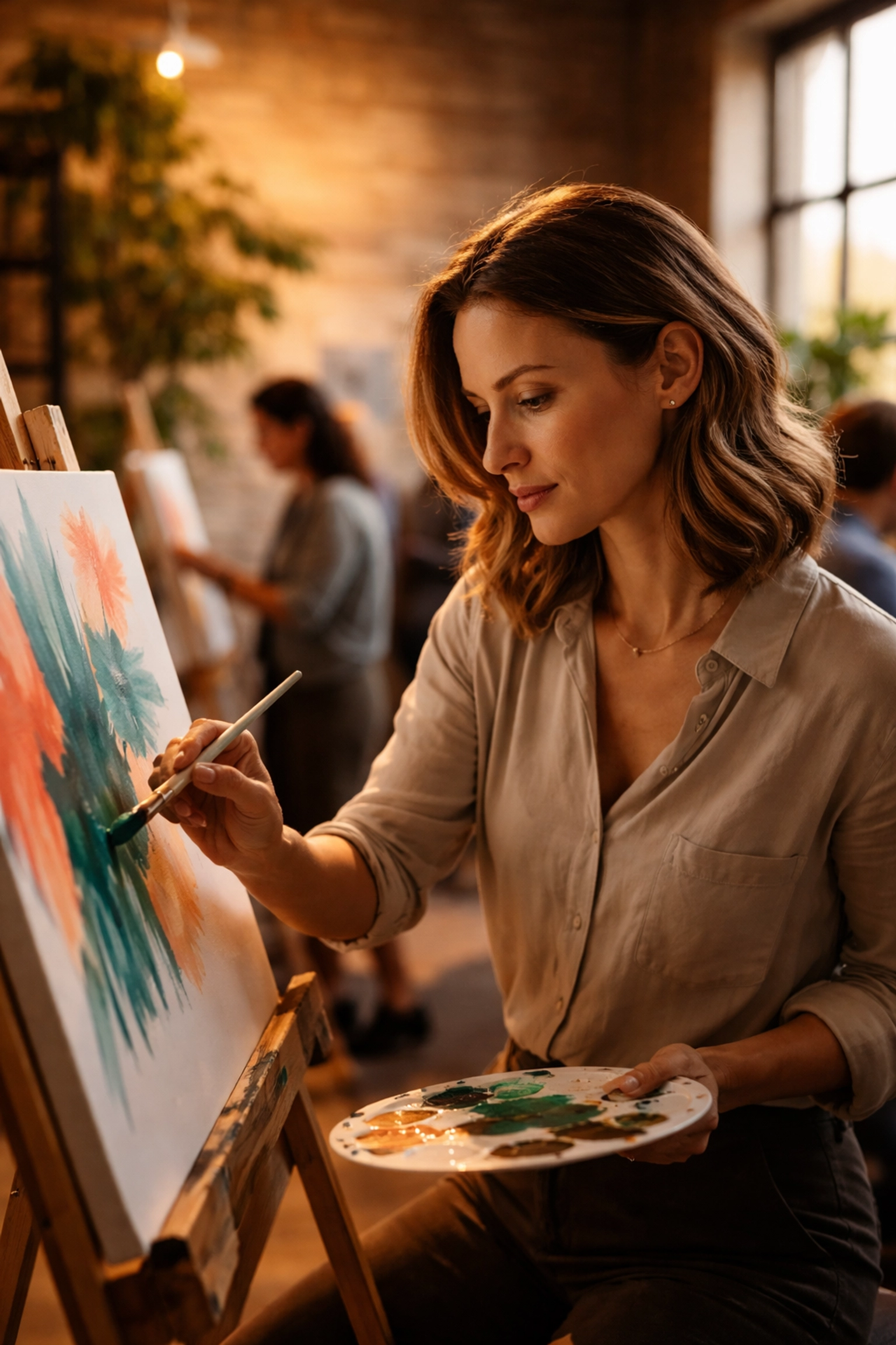 A professional woman immersed in painting during a team wellness workshop, illustrating stress relief and focus.