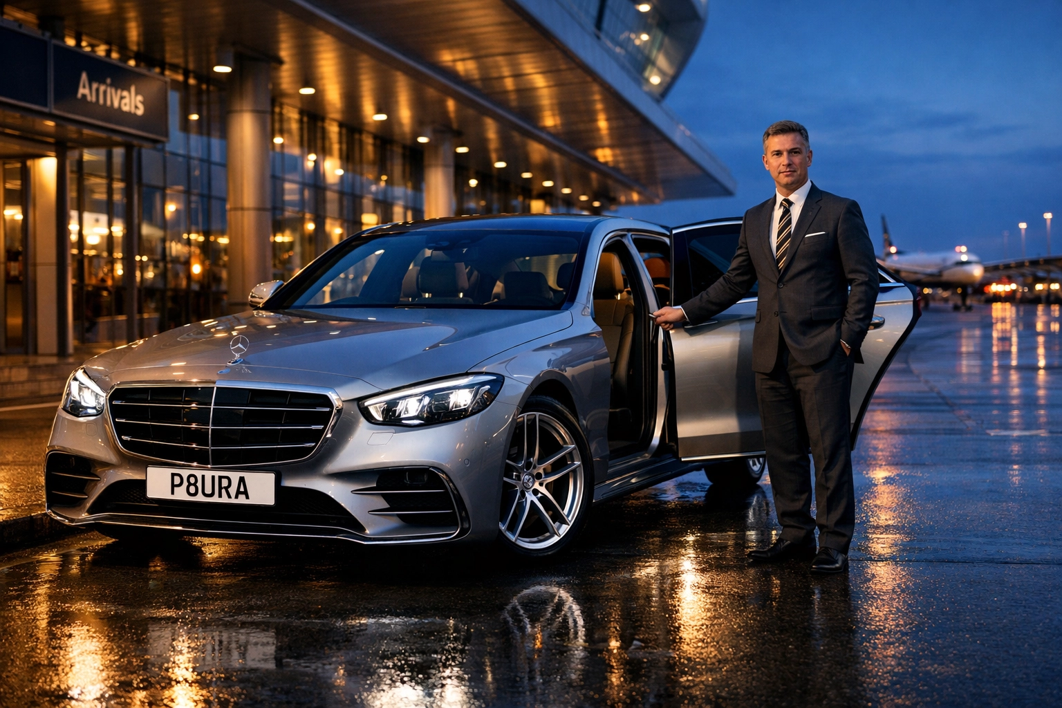 Professional chauffeur with a silver Mercedes-Benz S-Class at an airport terminal for business travel transfers.