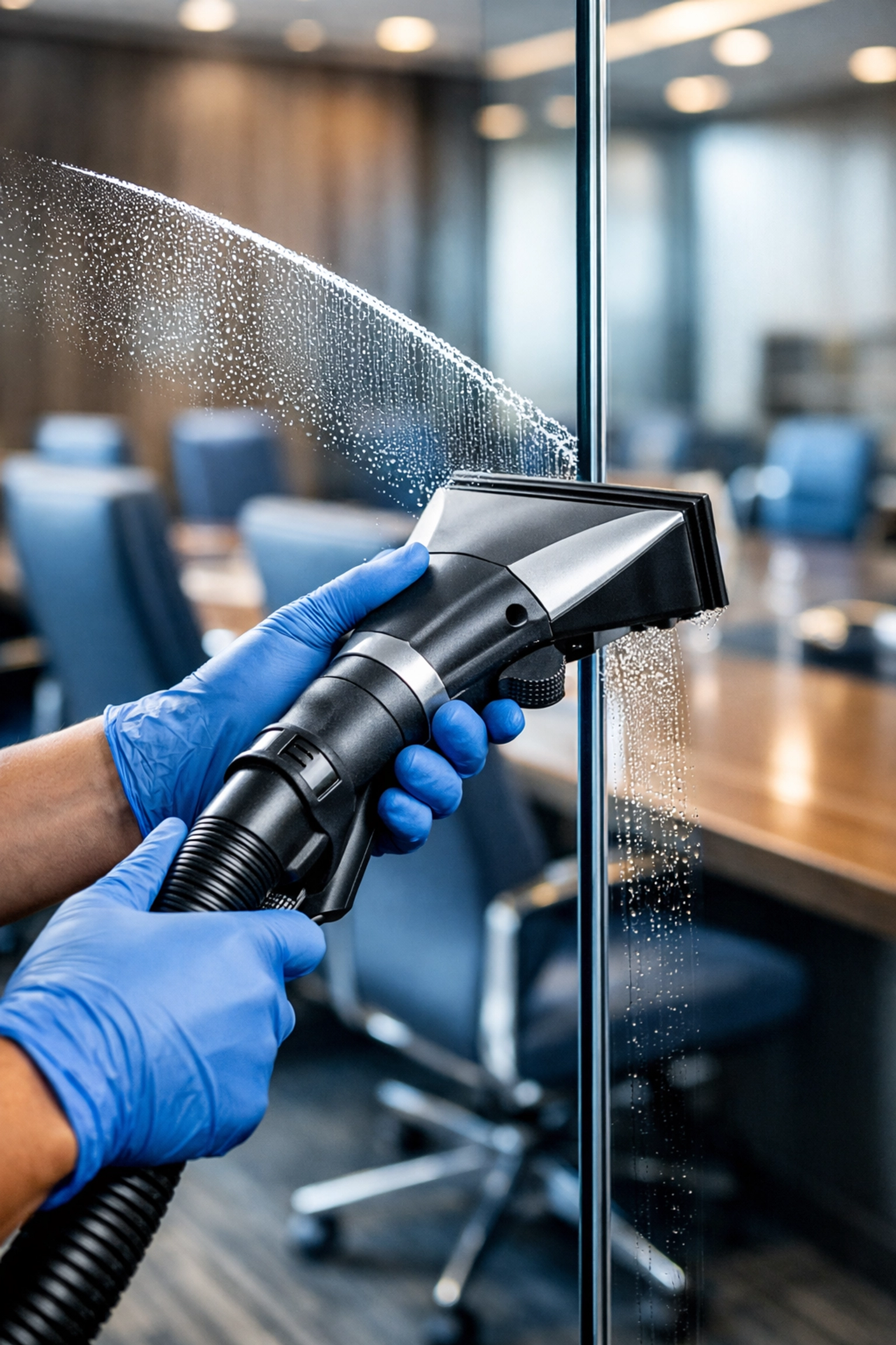 Professional North Andover commercial cleaning service expert cleaning a boardroom glass partition with precision.