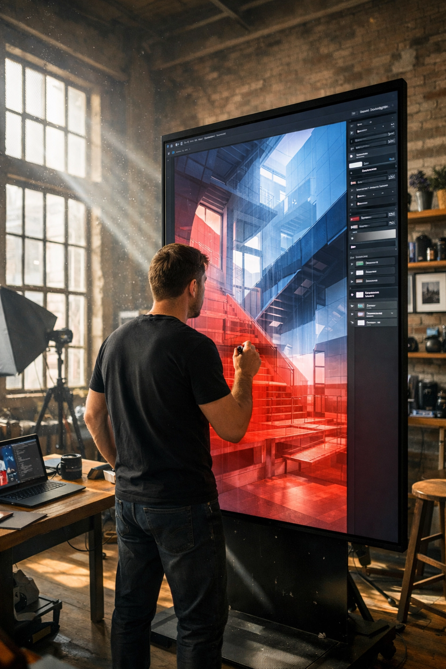 Advanced photo editing using digital masking layers and local adjustments on an architectural image.
