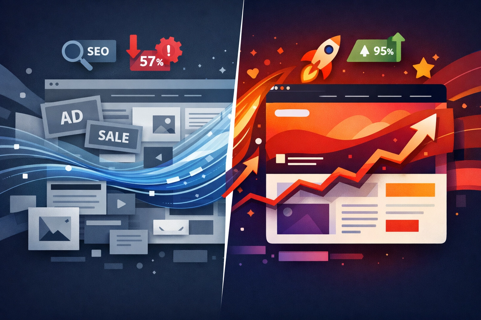 Website redesign transformation showing old site evolving into modern design with SEO metrics