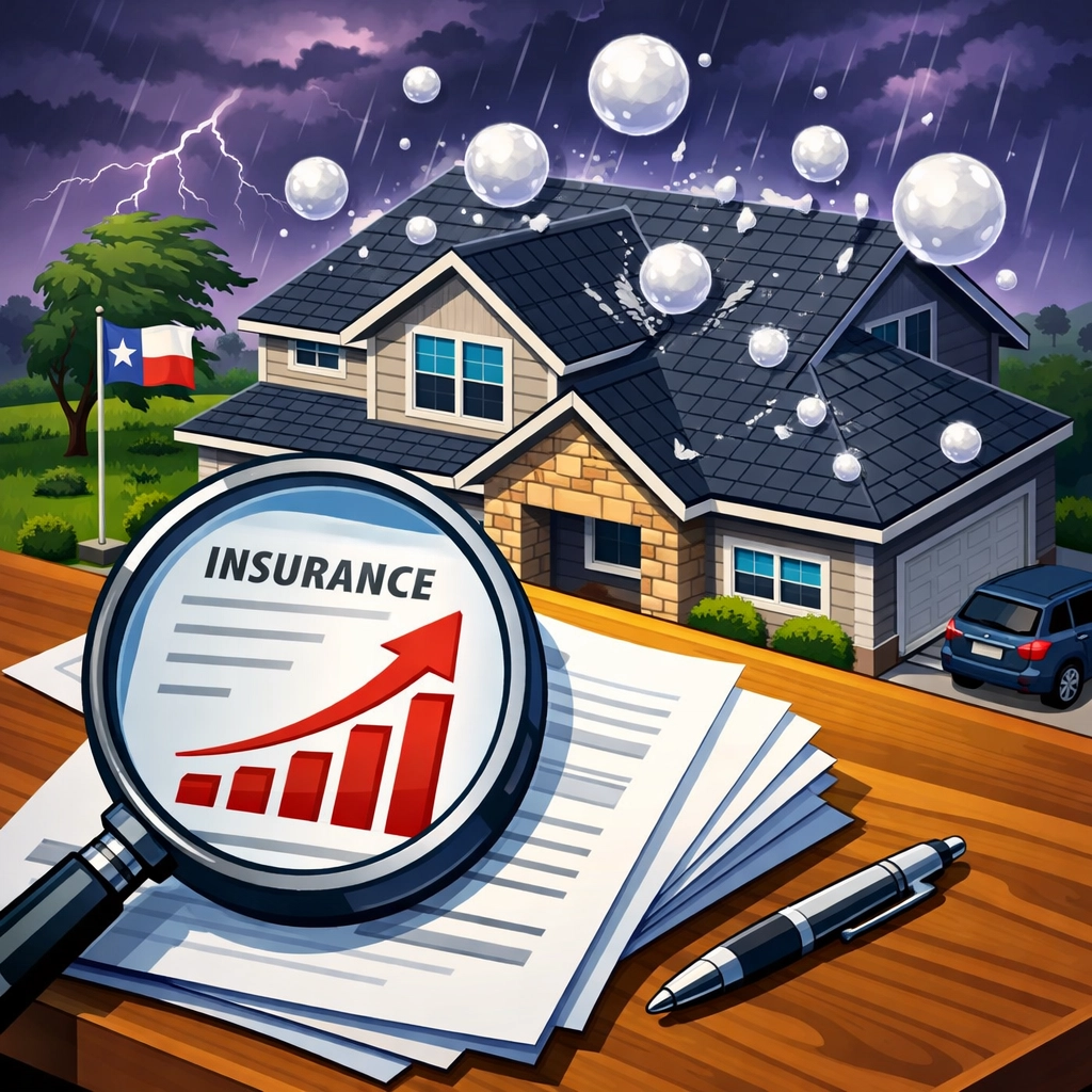 Large hail hitting a Texas home roof next to insurance papers showing rising property premium rates.