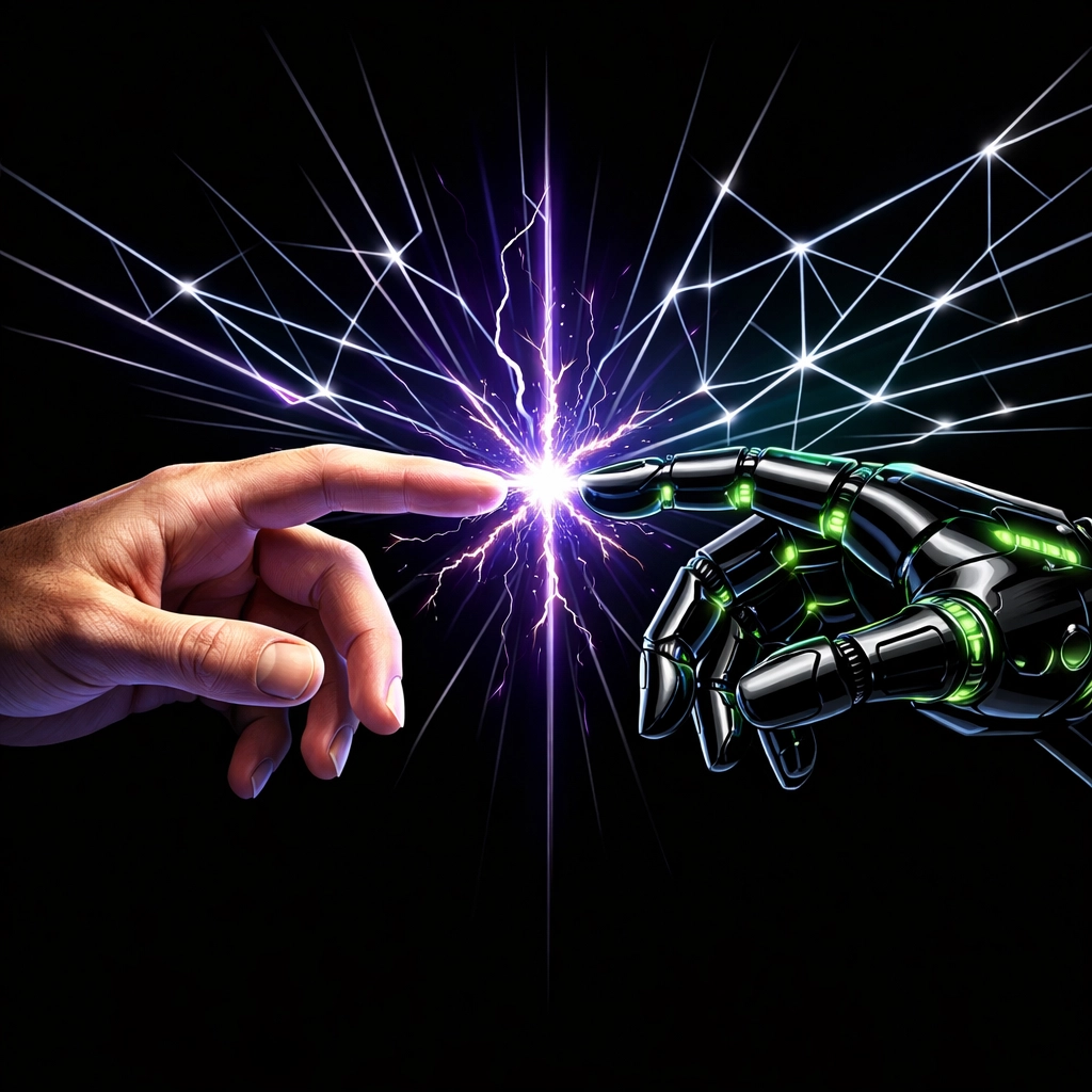 Human and robotic hands meeting to represent the integration of AI automation into the modern workforce.