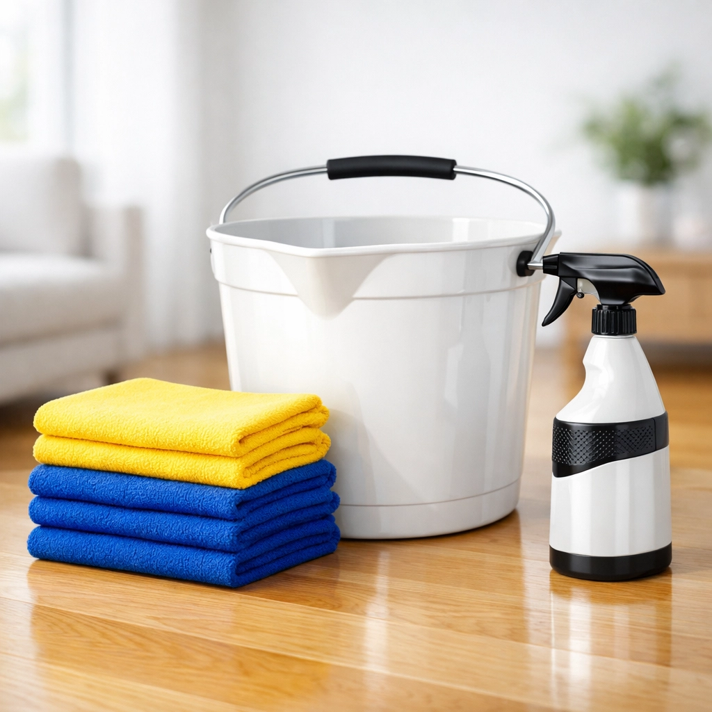 Professional cleaning supplies and microfiber cloths on a clean floor for a move-out deep clean.