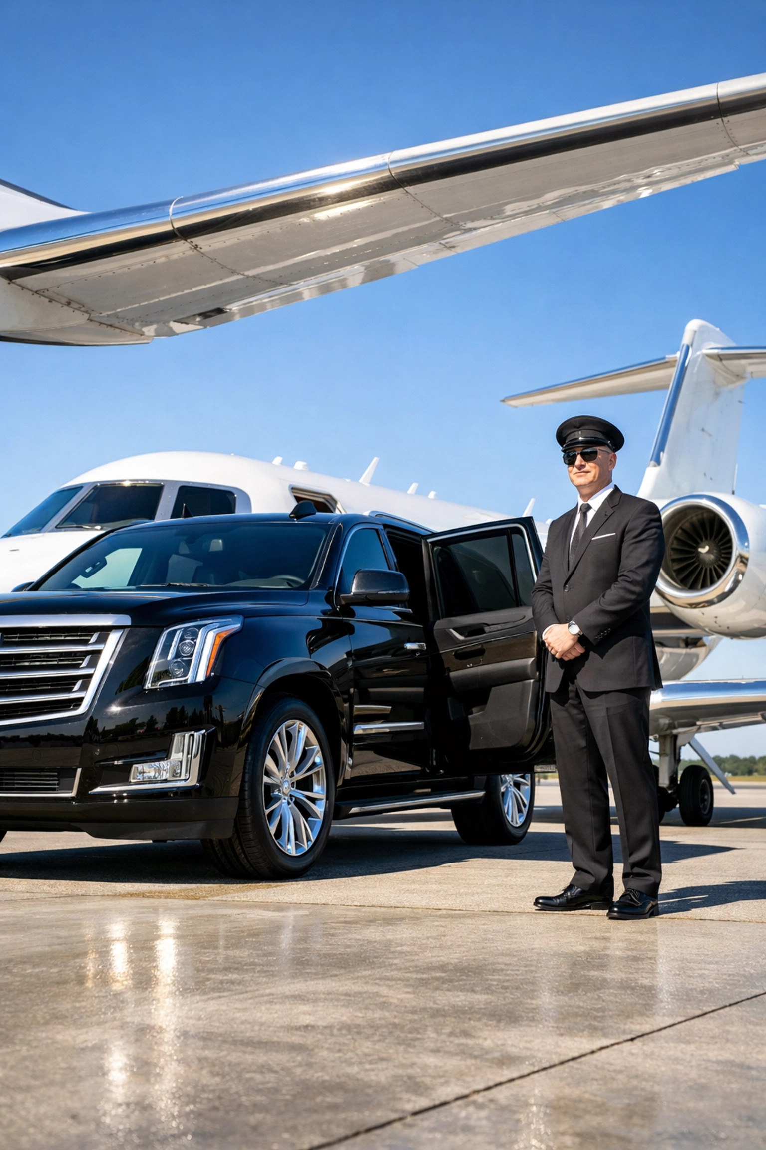 Private jet and executive SUV providing seamless luxury travel logistics for corporate VIPs.