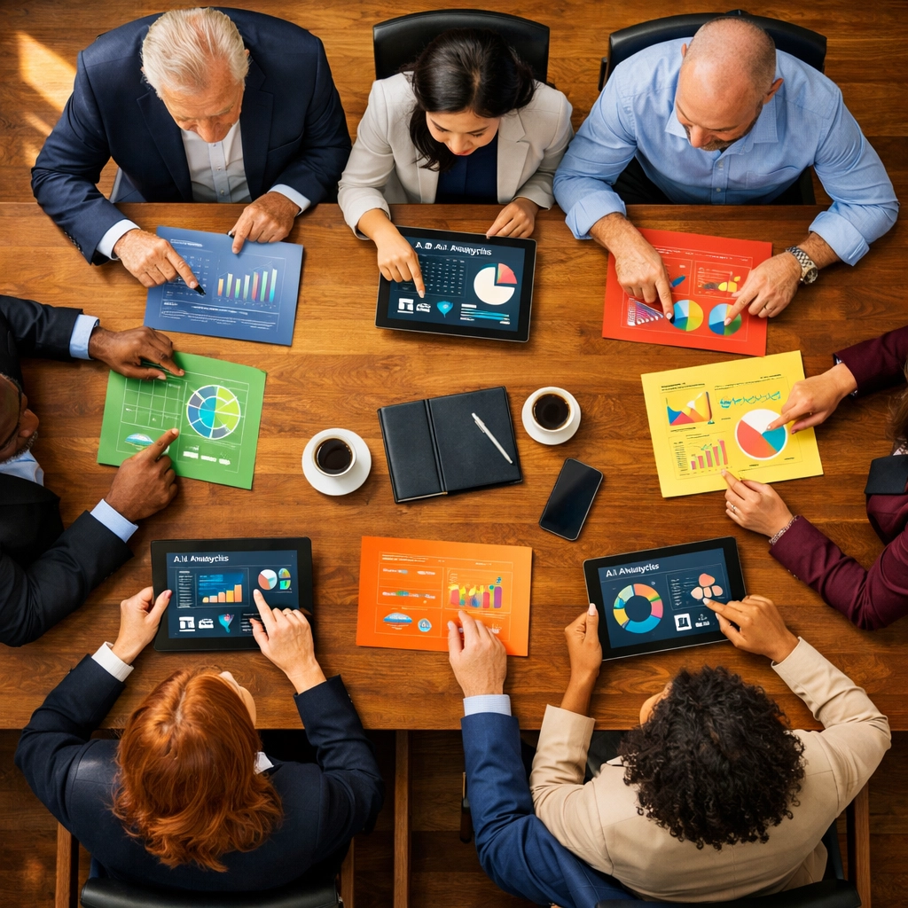 Diverse team of professionals collaborating around table reviewing AI analytics and governance data