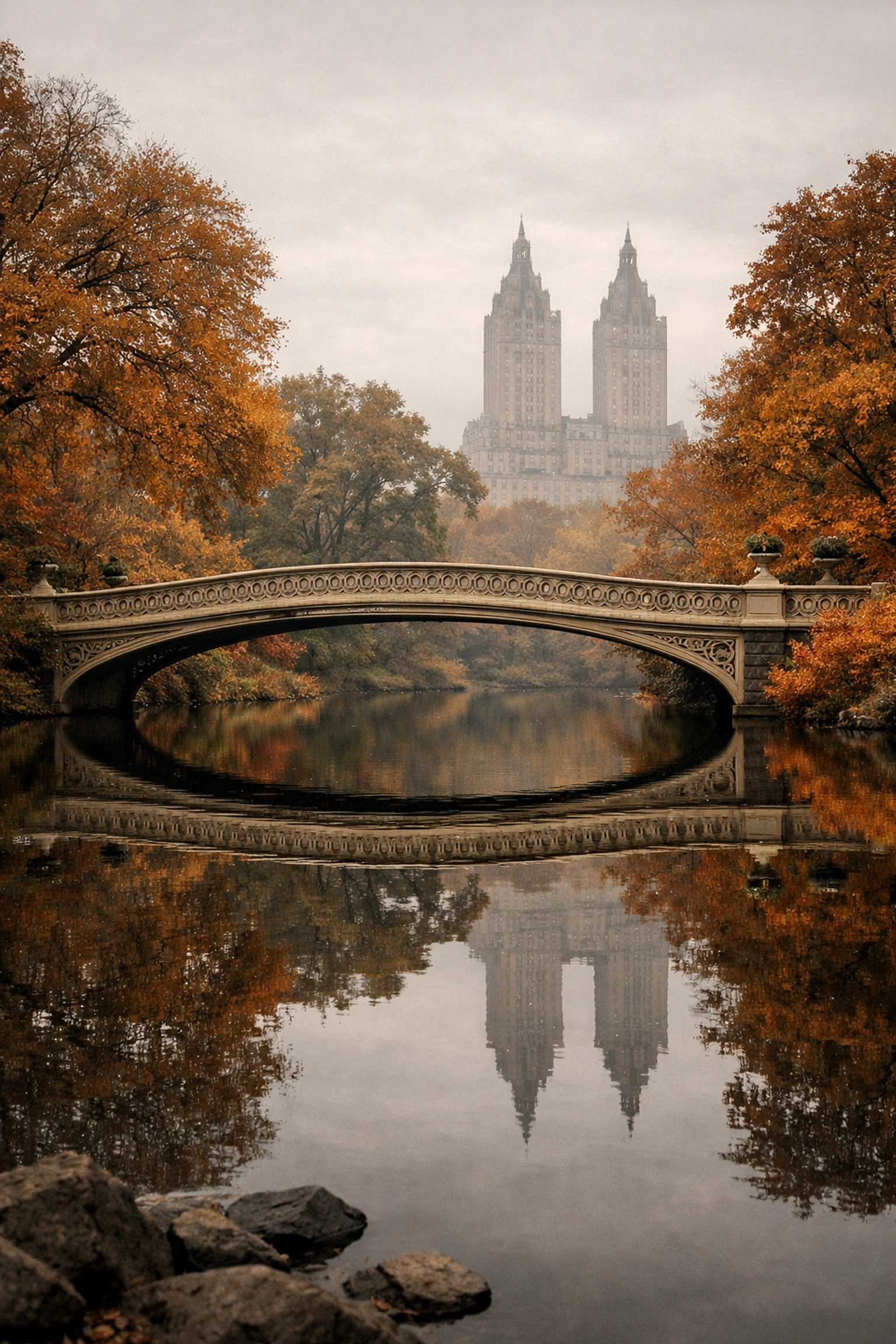 Bow Bridge in Central Park during autumn with orange leaves and reflections, an iconic NYC photo spot.