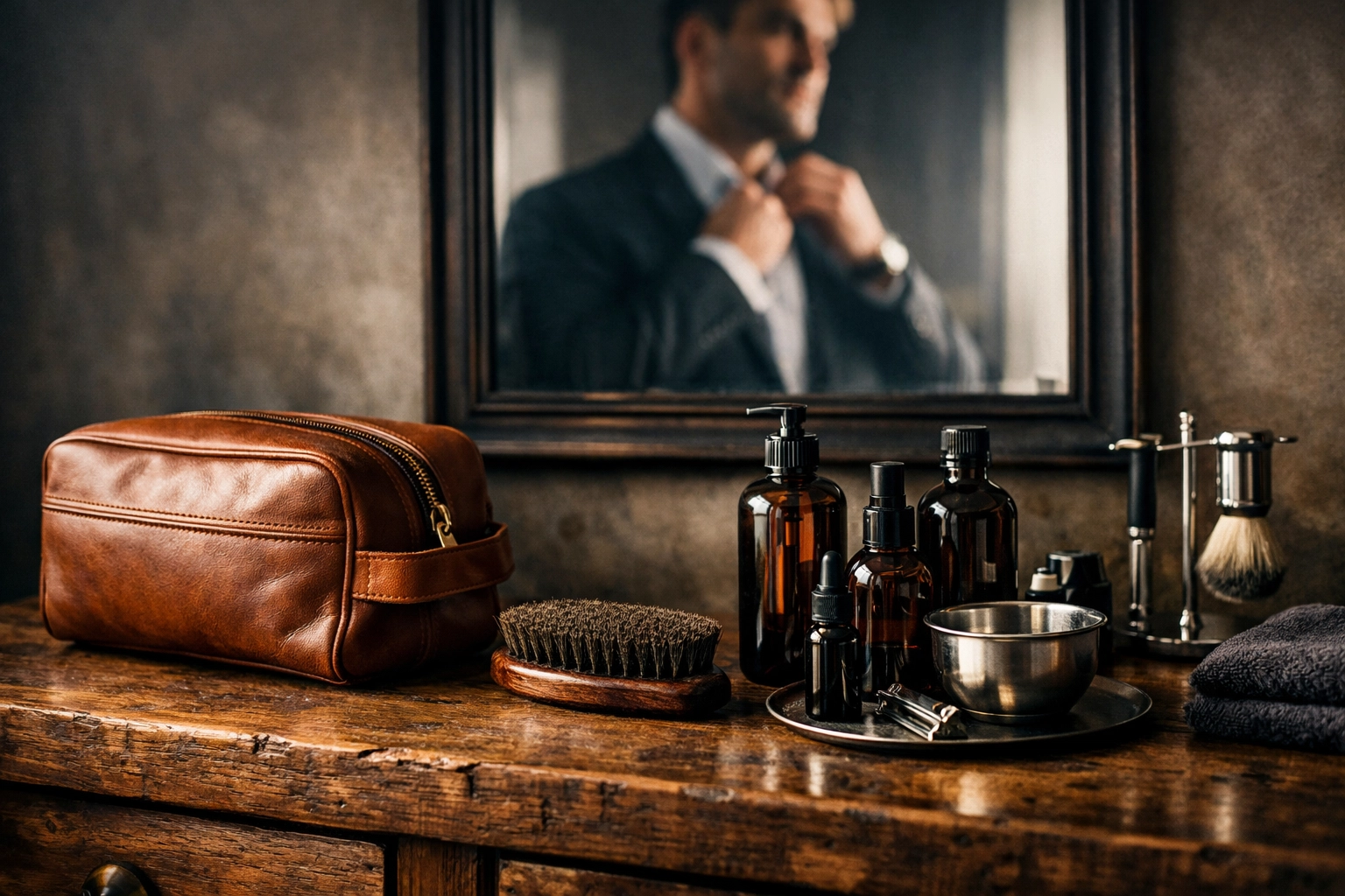 A professional men's grooming station with high-quality beard care products and premium accessories.