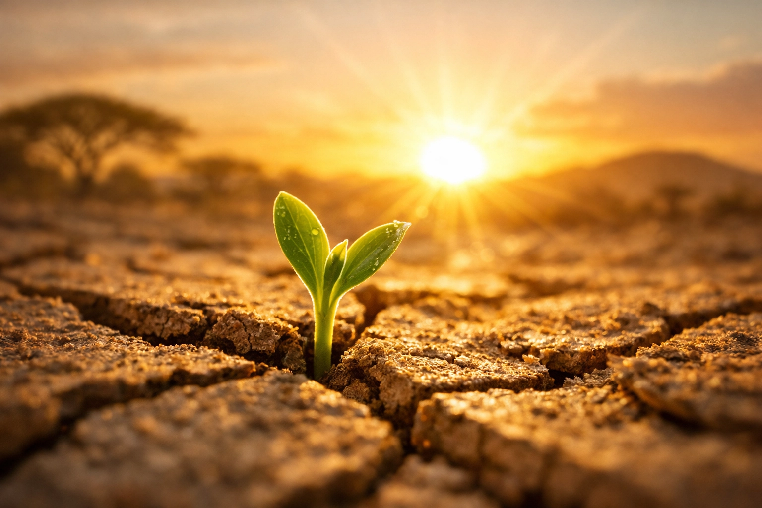 A green sprout growing from dry ground at sunrise, symbolizing hope and healing for Nigeria.