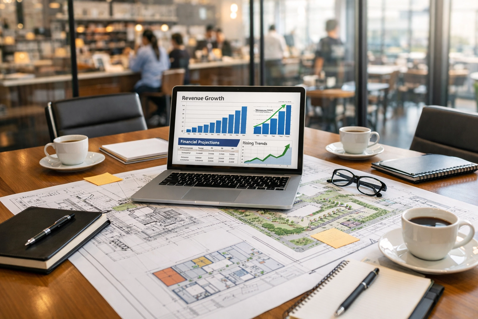 Restaurant expansion strategy meeting with financial projections and site development plans