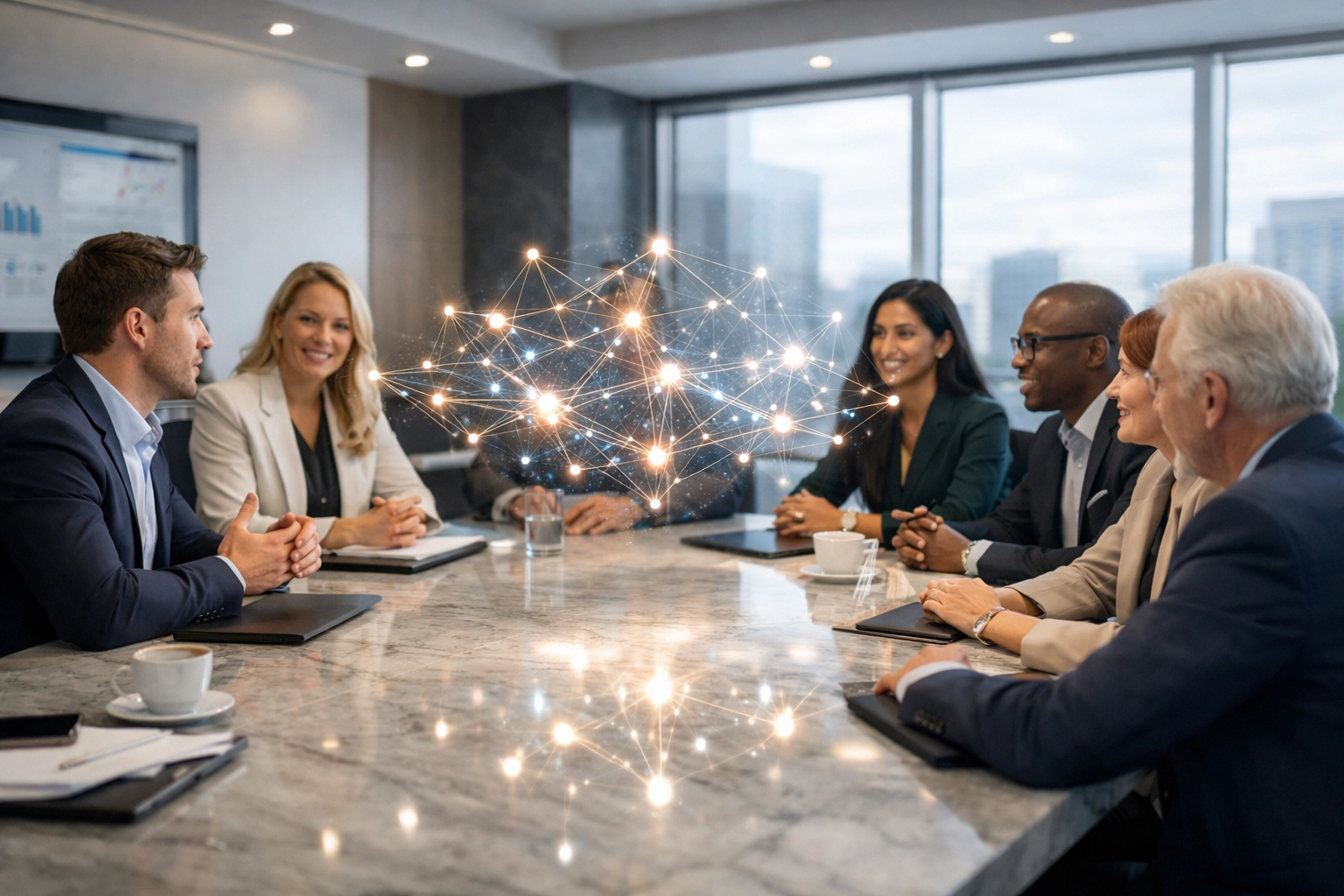 Business professionals collaborating around a boardroom table with digital connections representing Agentic AI integration.