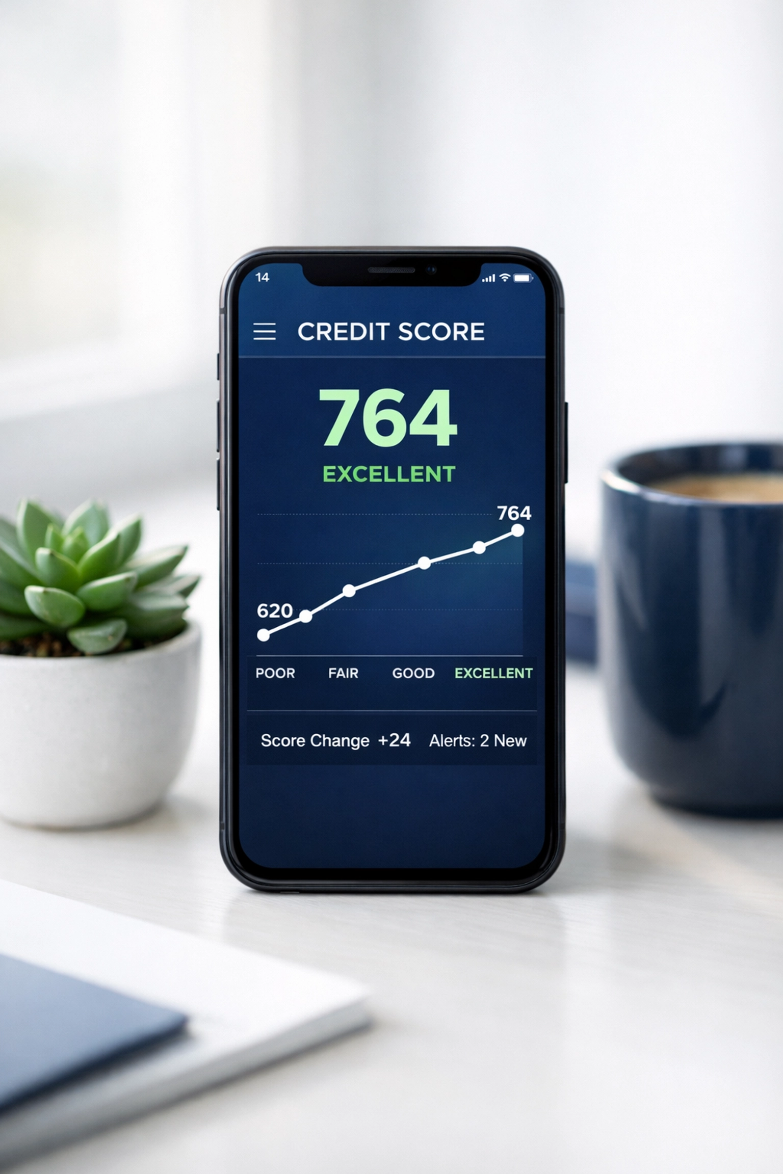 Credit monitoring app showing rising credit score on smartphone