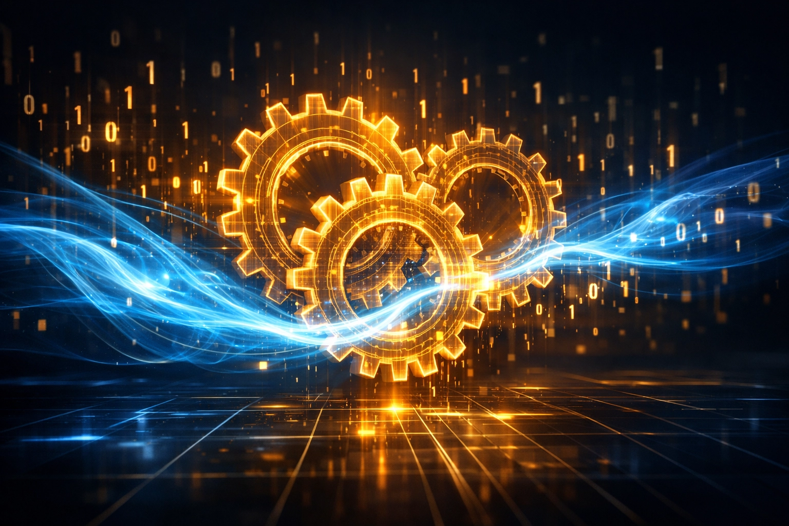 Glowing gears and data flow illustrating AI automation and robotic process workflows