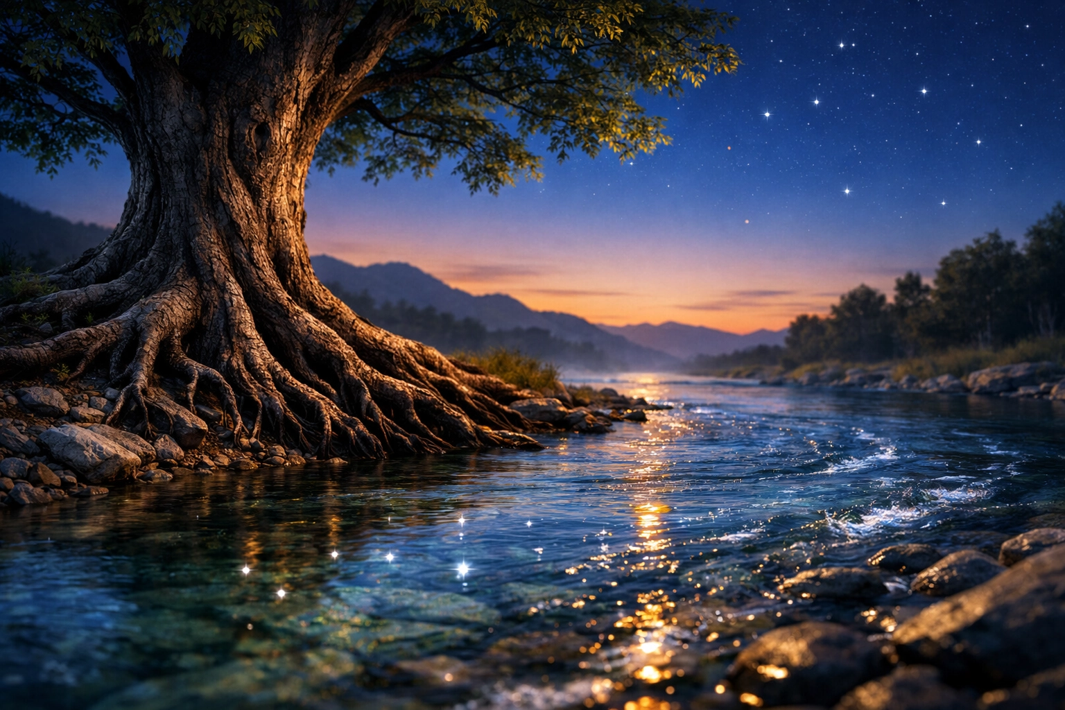 A majestic tree by a river at twilight representing spiritual growth and meditation on the Word day and night.