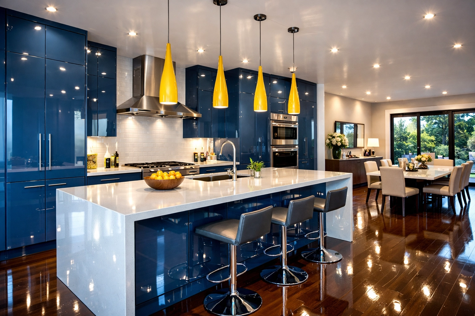 Sparkling modern kitchen with blue cabinetry and white countertops from expert deep cleaning in Canton.