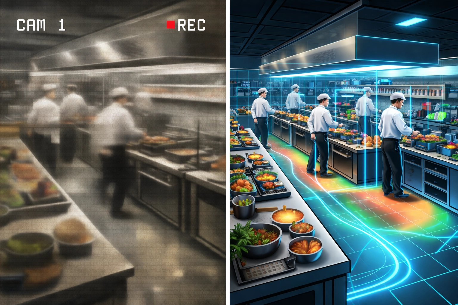 Split-screen showing a blurry analog restaurant kitchen camera versus clear AI video analytics with heat maps