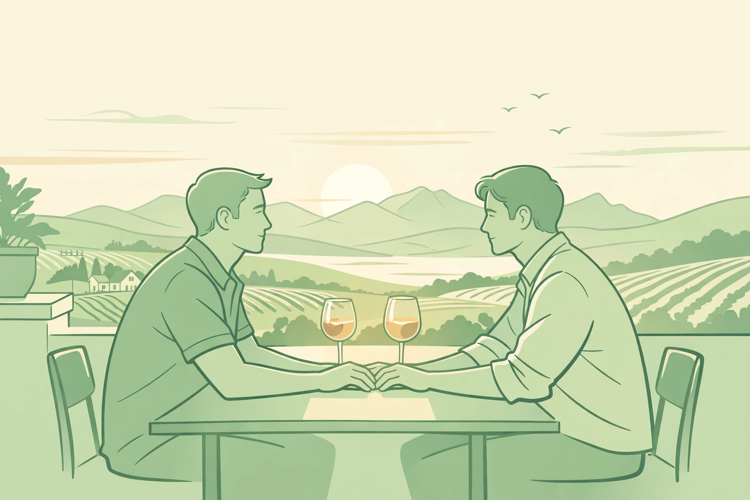 Gay couple wine tasting in Cape Town vineyards at golden hour - cross-cultural romance
