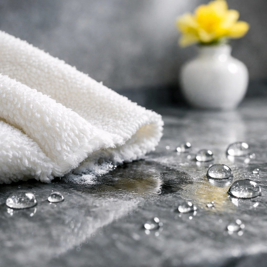 Eco-friendly house cleaning MA techniques on a luxury marble surface for a healthy home.