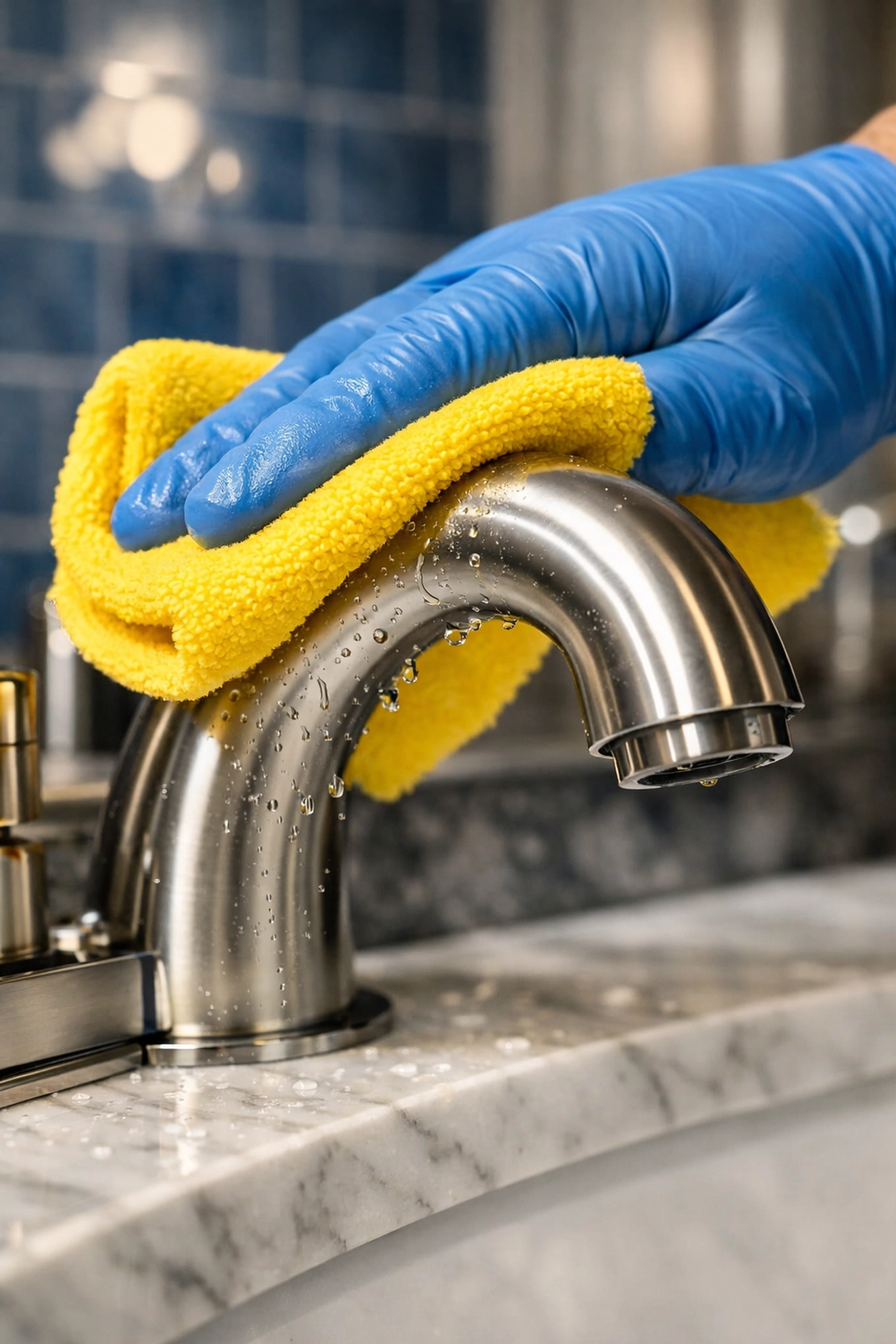 Professional detailing of a luxury bathroom faucet during residential cleaning Massachusetts.