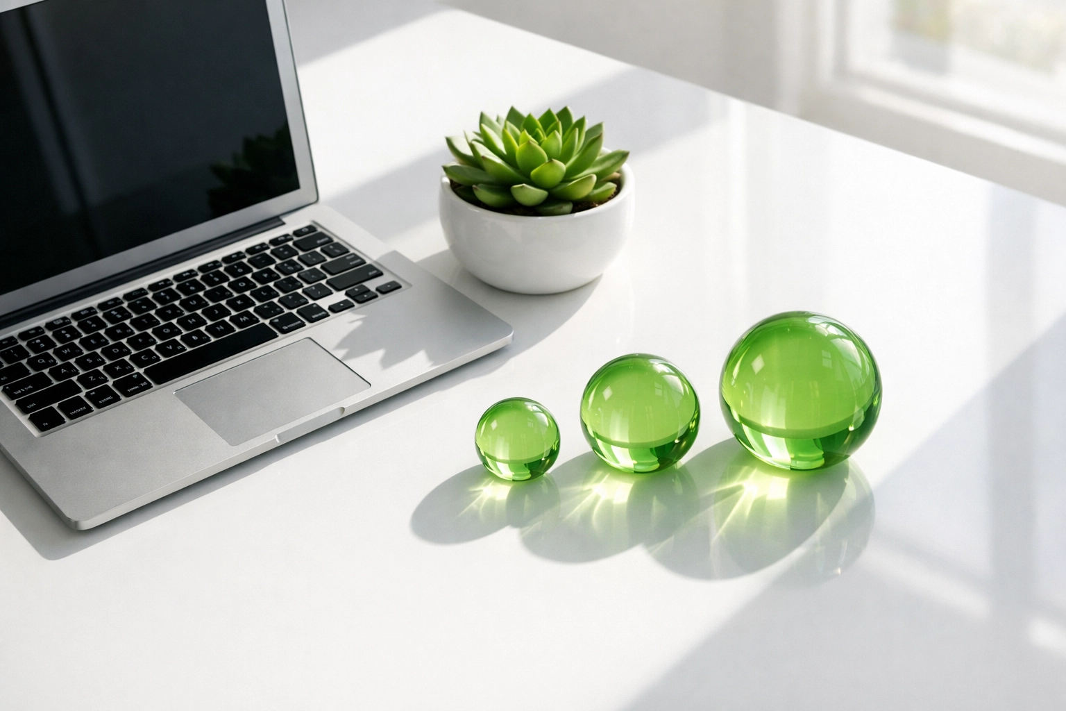 Modern workspace with a laptop and green spheres representing business category selection for local SEO optimization.