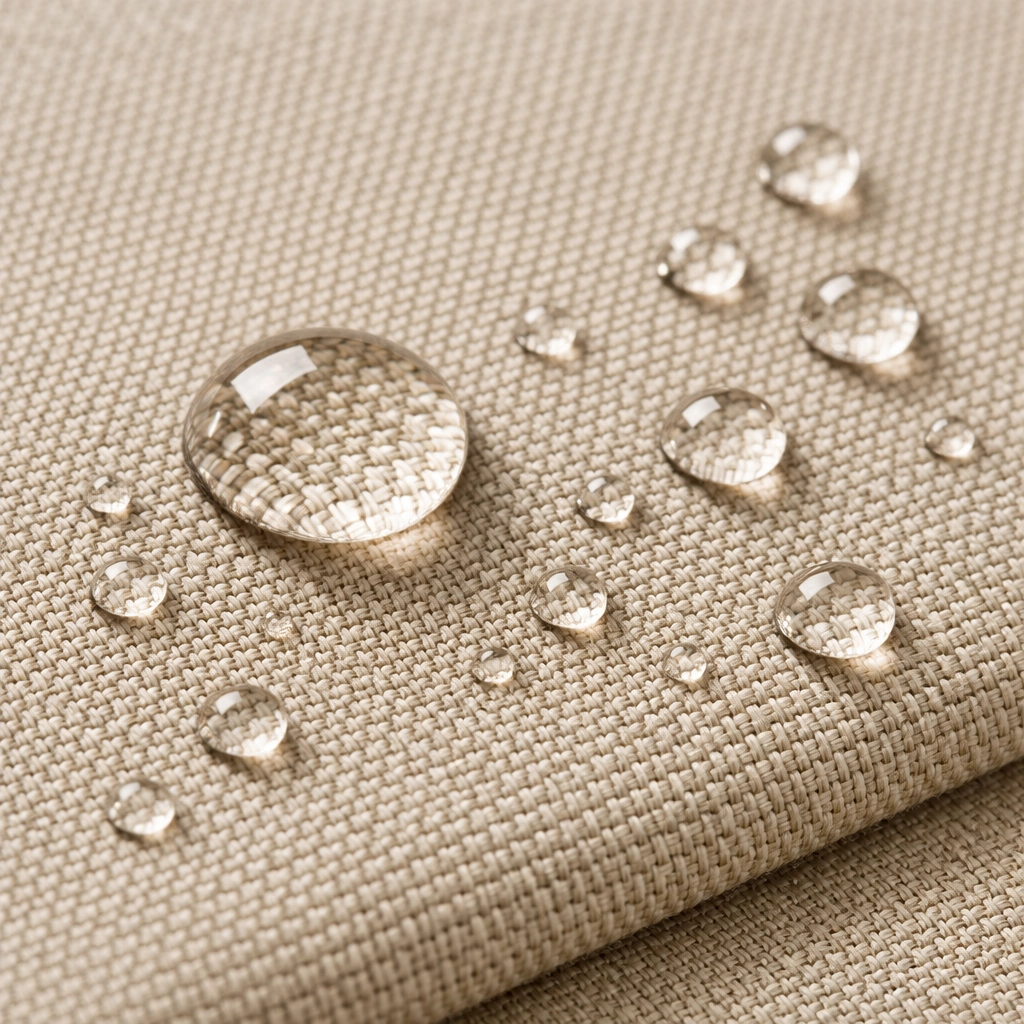 Wasserabweisender Markisenstoff in Sandfarbe mit technischer Gewebestruktur für den Außeneinsatz.