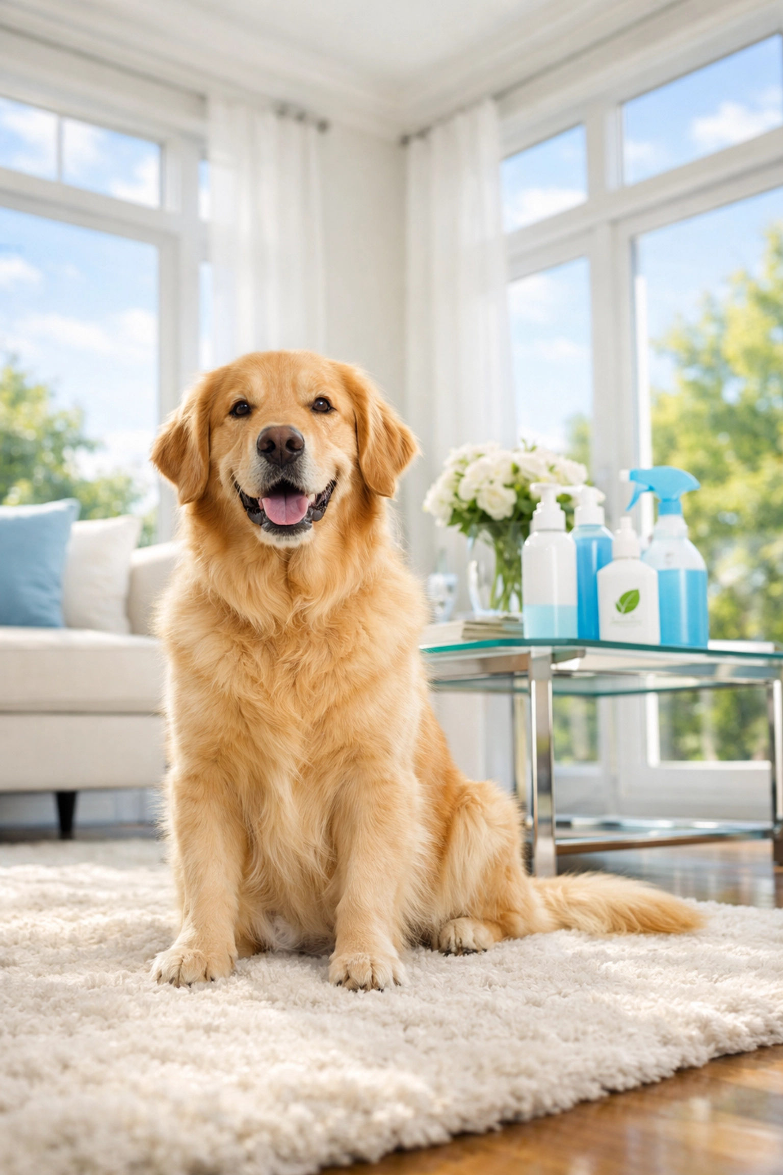 Happy dog in a clean sunlit living room with eco-friendly residential cleaning Massachusetts supplies.