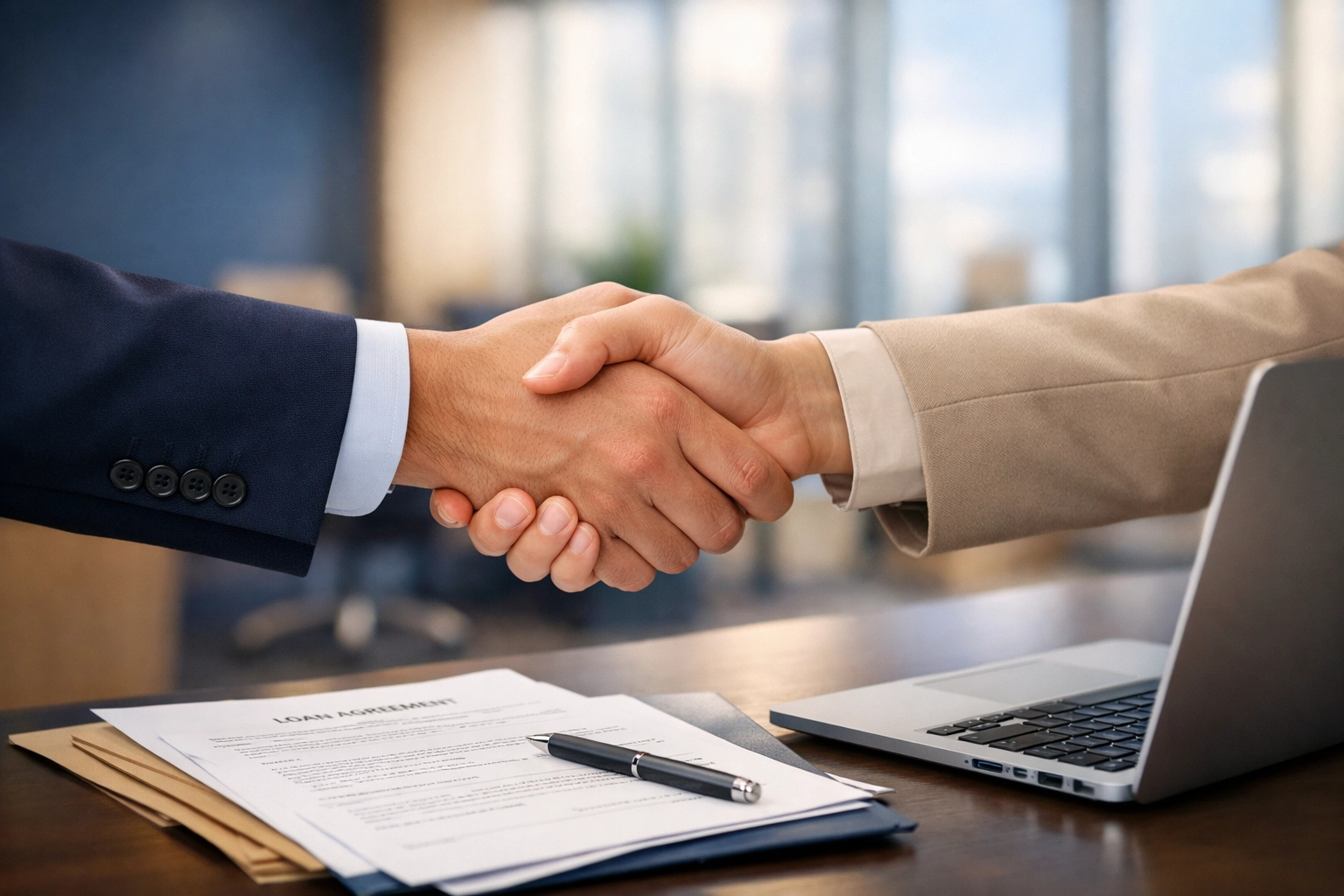 Business handshake sealing affordable lending partnership with transparent loan terms