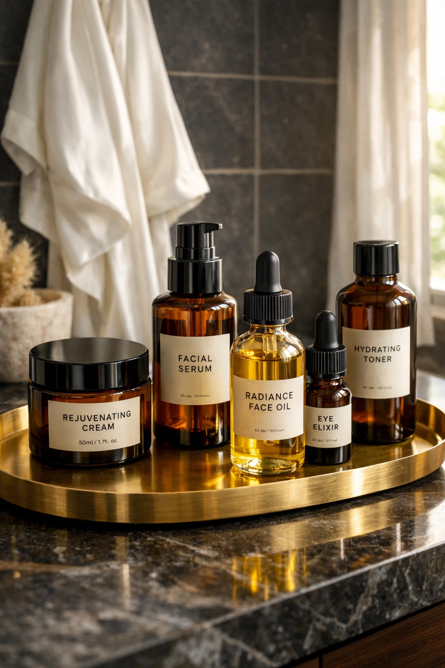 Premium Black-owned beauty products and skincare bottles on a luxury bathroom vanity tray.