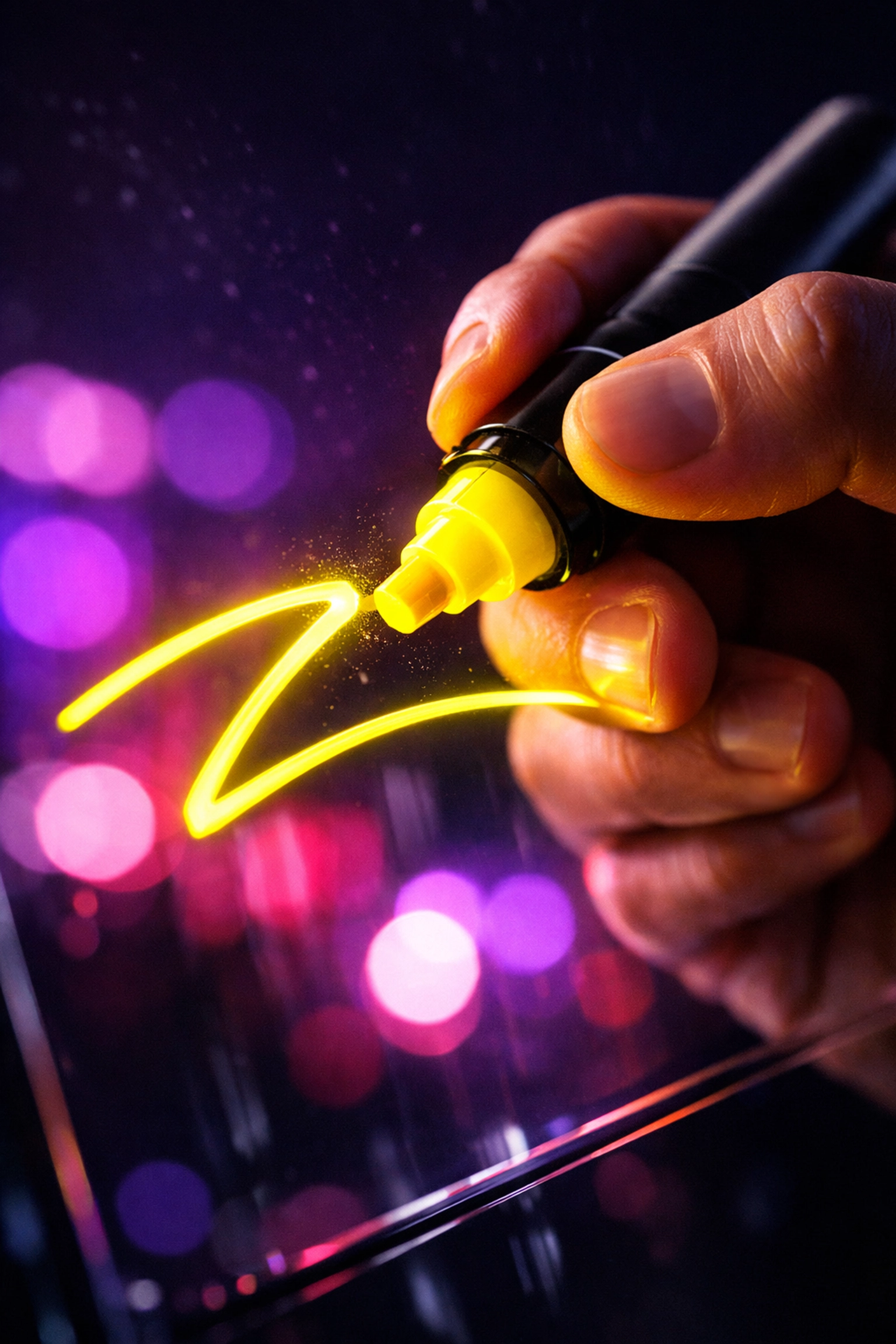 Guest writing on glass screen at Scribble Booth brand activation with LED lighting