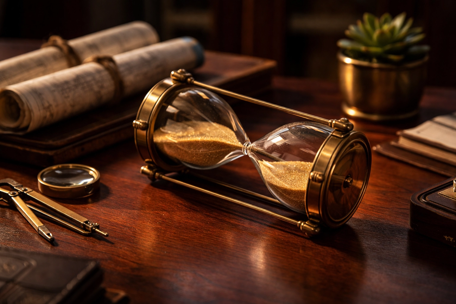 Hourglass on a mahogany desk with golden sand and compasses, illustrating long-term strategy and patient private market investing.