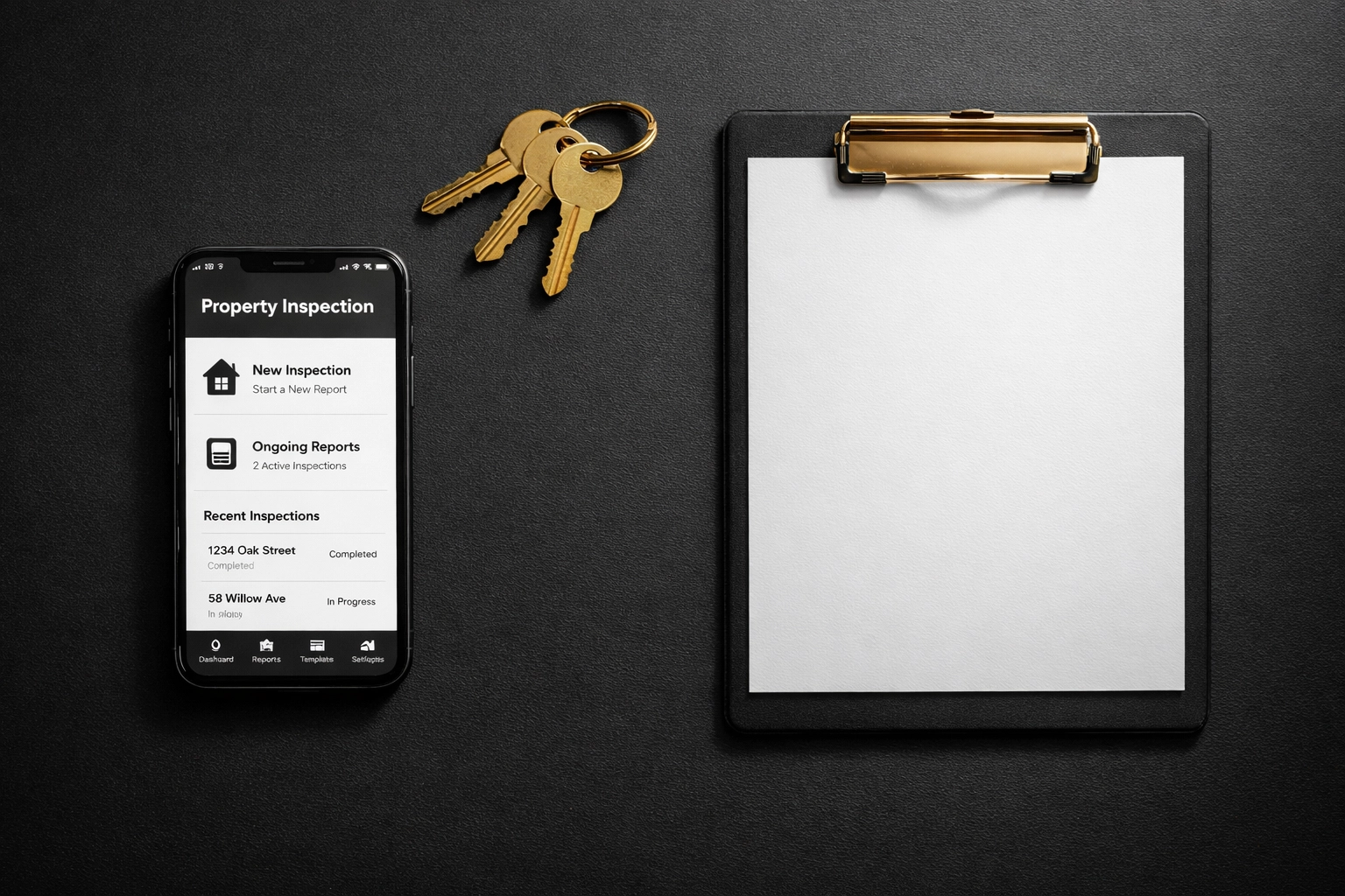 Property check-in report preparation with smartphone inspection app, keys and clipboard