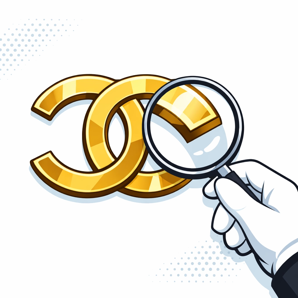 Close-up of a gold Chanel CC logo being examined by an expert to verify authentic hardware details.