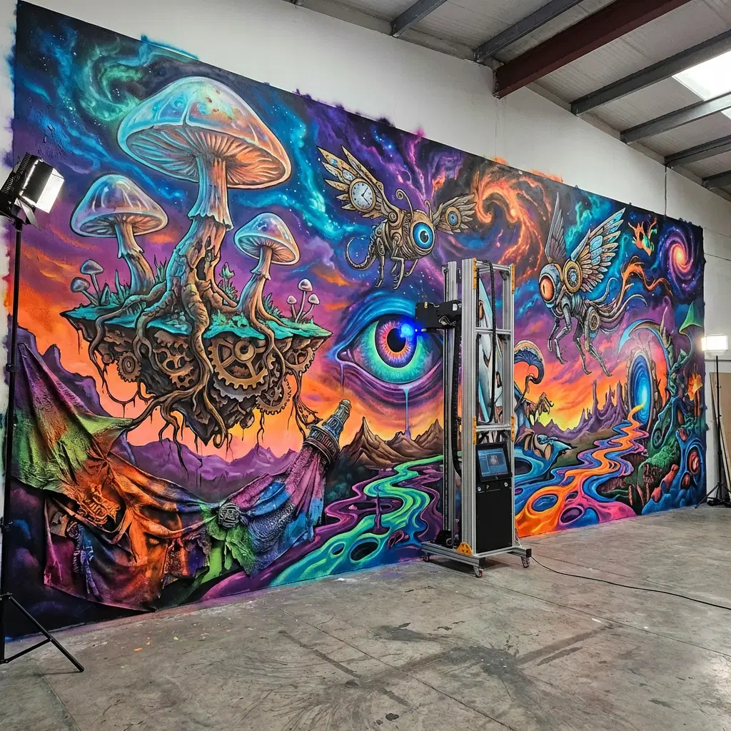 A large, vividly colored surreal mural featuring floating mechanical mushrooms