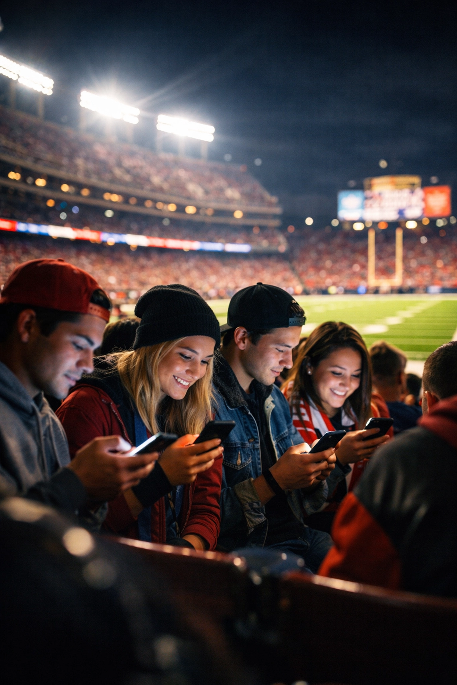 Fans in a crowded football stadium using smartphones to follow student-athlete NIL campaigns.