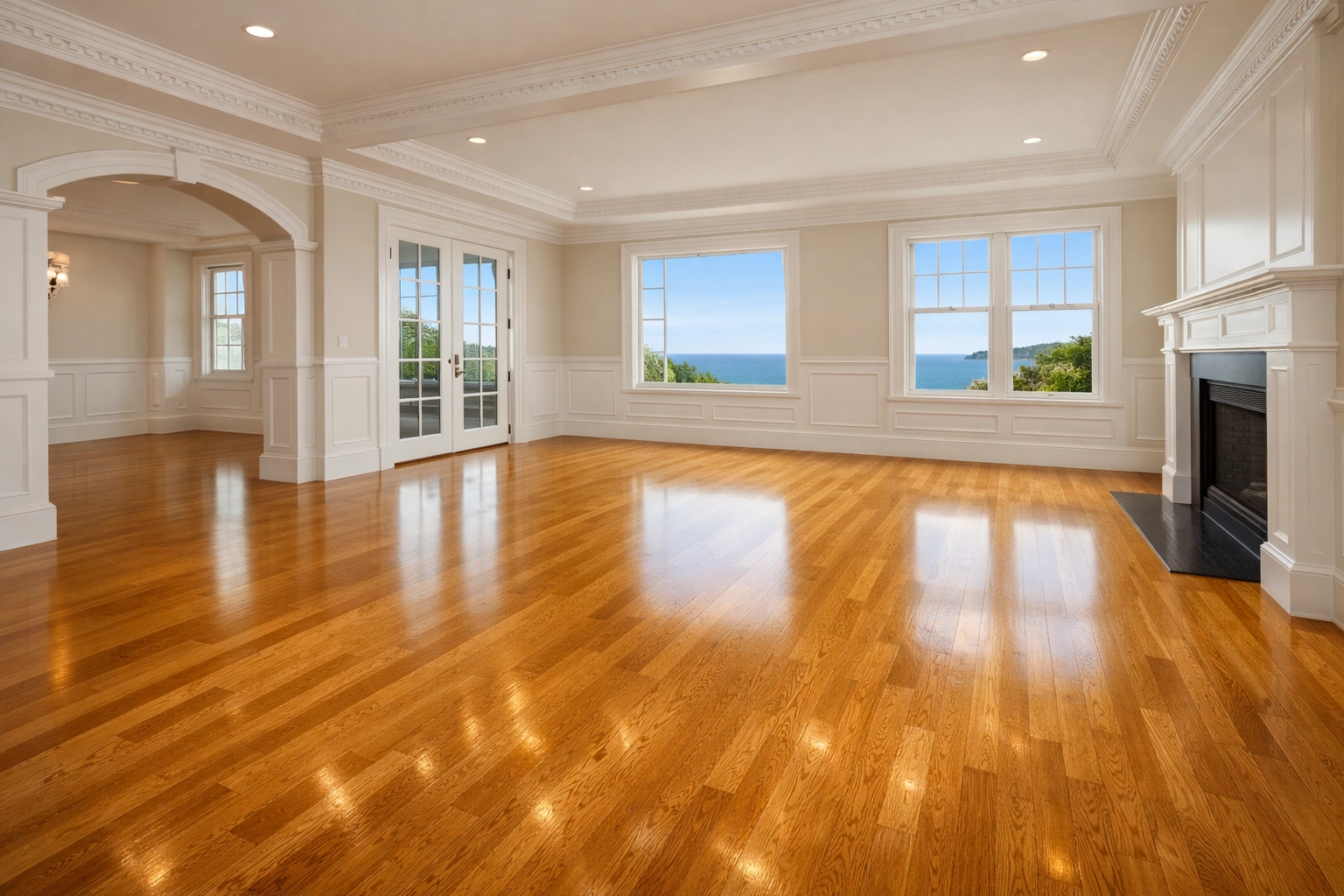 Polished hardwood floors in a luxury Marblehead estate, highlighting move-in house cleaning efficiency.