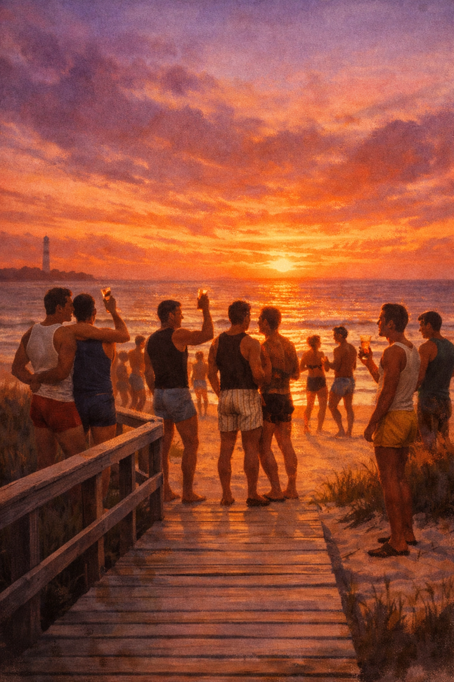 Fire Island sunset tea dance gathering depicting 1970s gay community culture from Dancer from the Dance