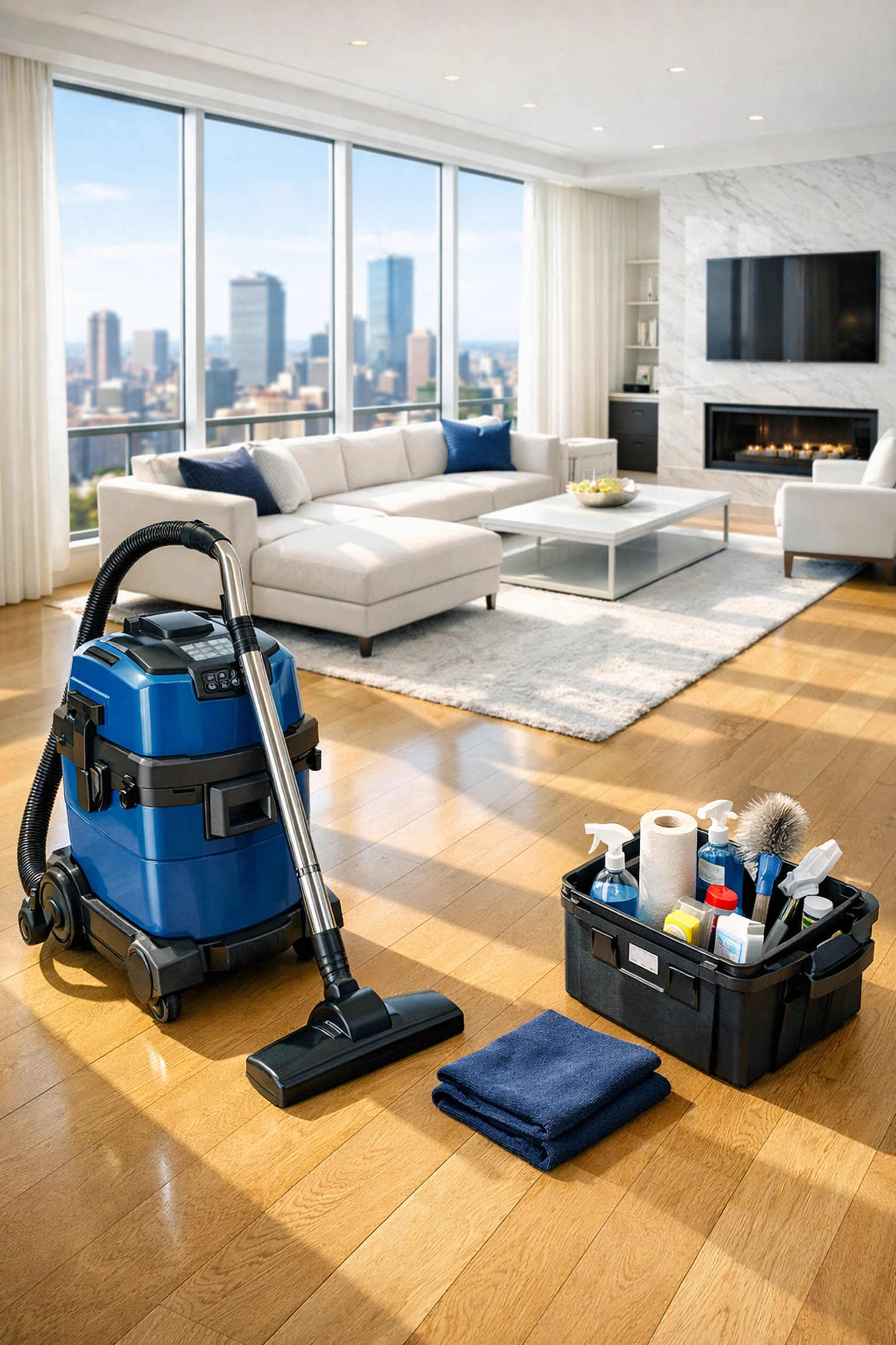 Professional post-construction cleaning in a Boston penthouse using a HEPA vacuum on hardwood floors.
